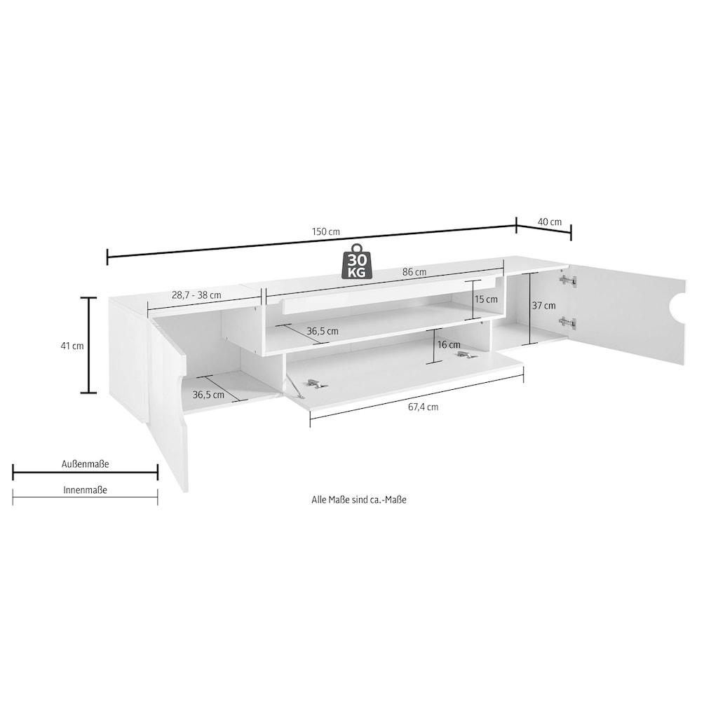 INOSIGN Lowboard »Real,Lowboard,TV-Kommode,TV-Möbel,B.240 cm komplett hochglanz lackiert«, mit 2 abgerundeten Türen,1 Klappe,die ein ovales offenes Fach bilden