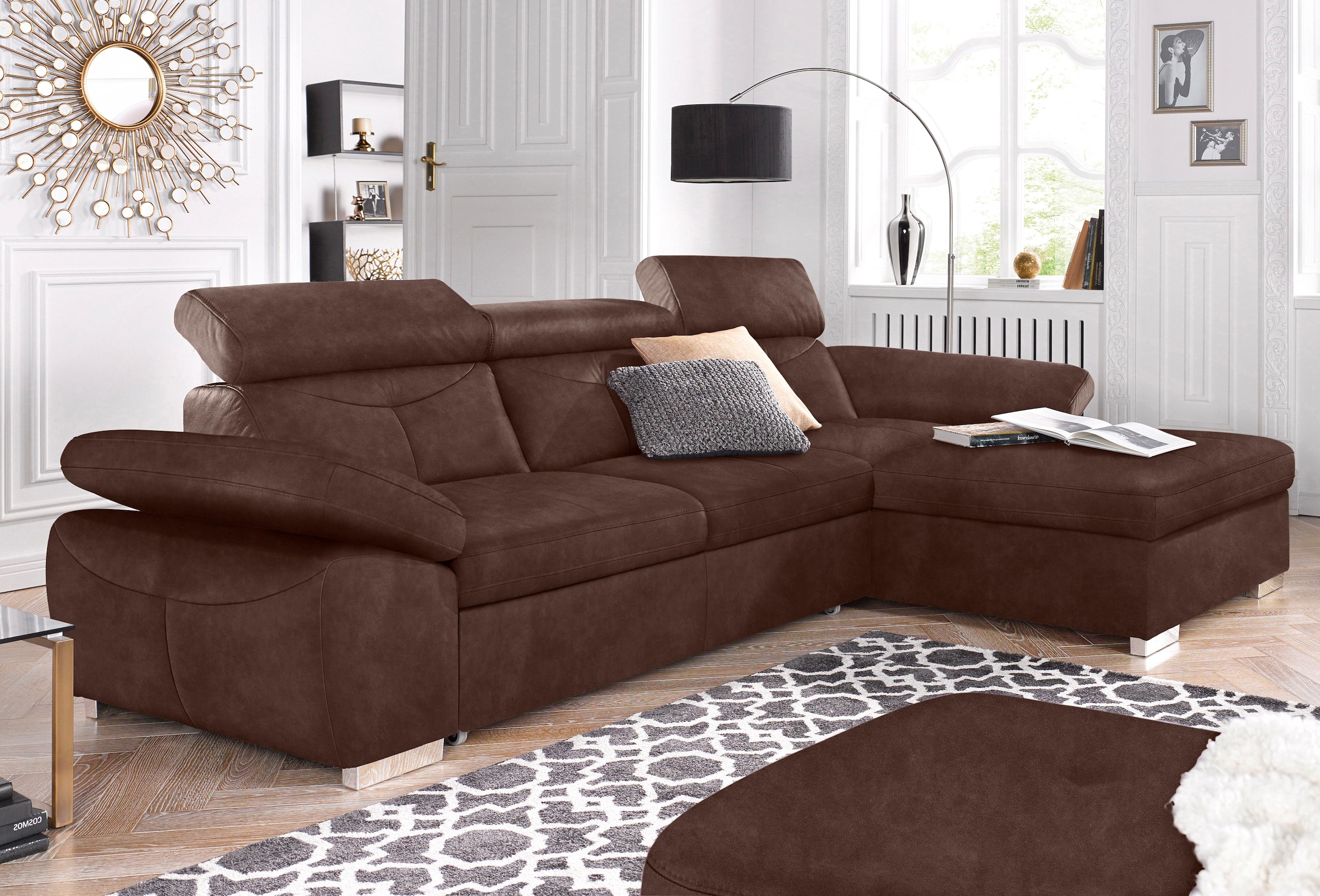exxpo - sofa fashion Ecksofa "Spring, super bequem, mit Armteil- und Kopfteilfunktion" mit Bettfunktion & Bettkasten, Luxus-Microfaser +Simply Clean