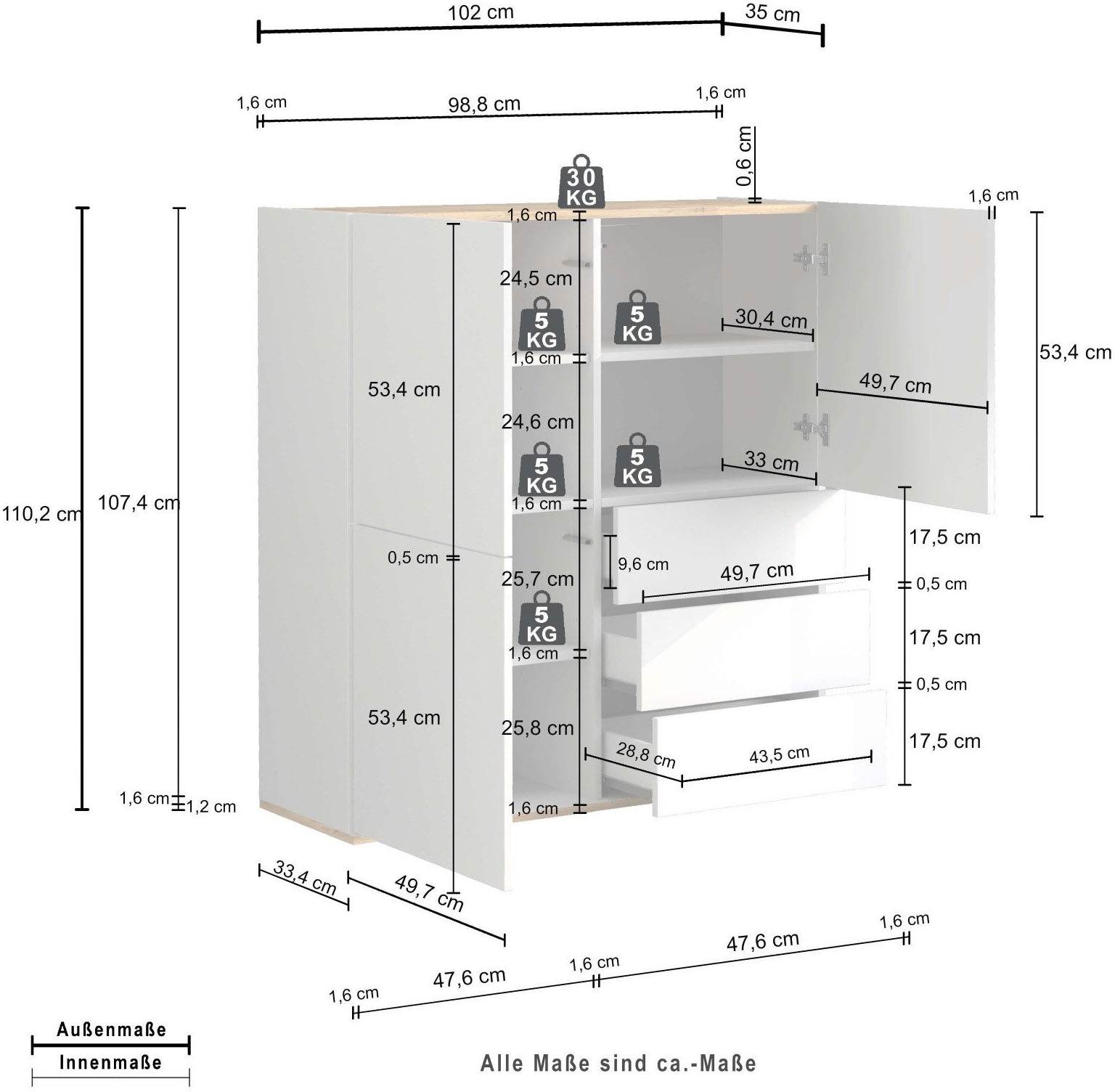 INOSIGN Highboard »GARDA Highboard, Kommode, Schrank, Grifflos mit Push to Open«, (1 St.), 3 Türen, 3 Schubladen, grifflos Breite 102 cm