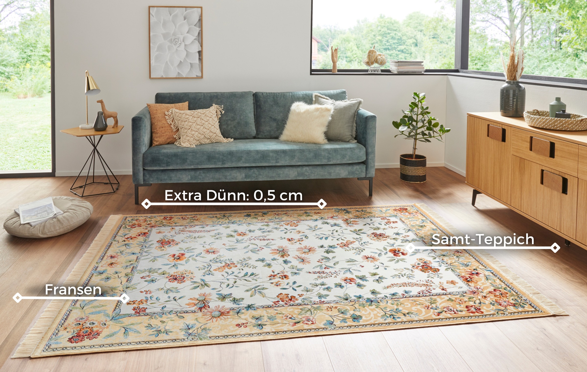 Thumbnail - HANSE Home Teppich "Orient Flowers" rechteckig 5 mm Höhe Kurzflor mit Fransen, Orient, Wohnzimmer, Schlafzimmer, Esszimm...