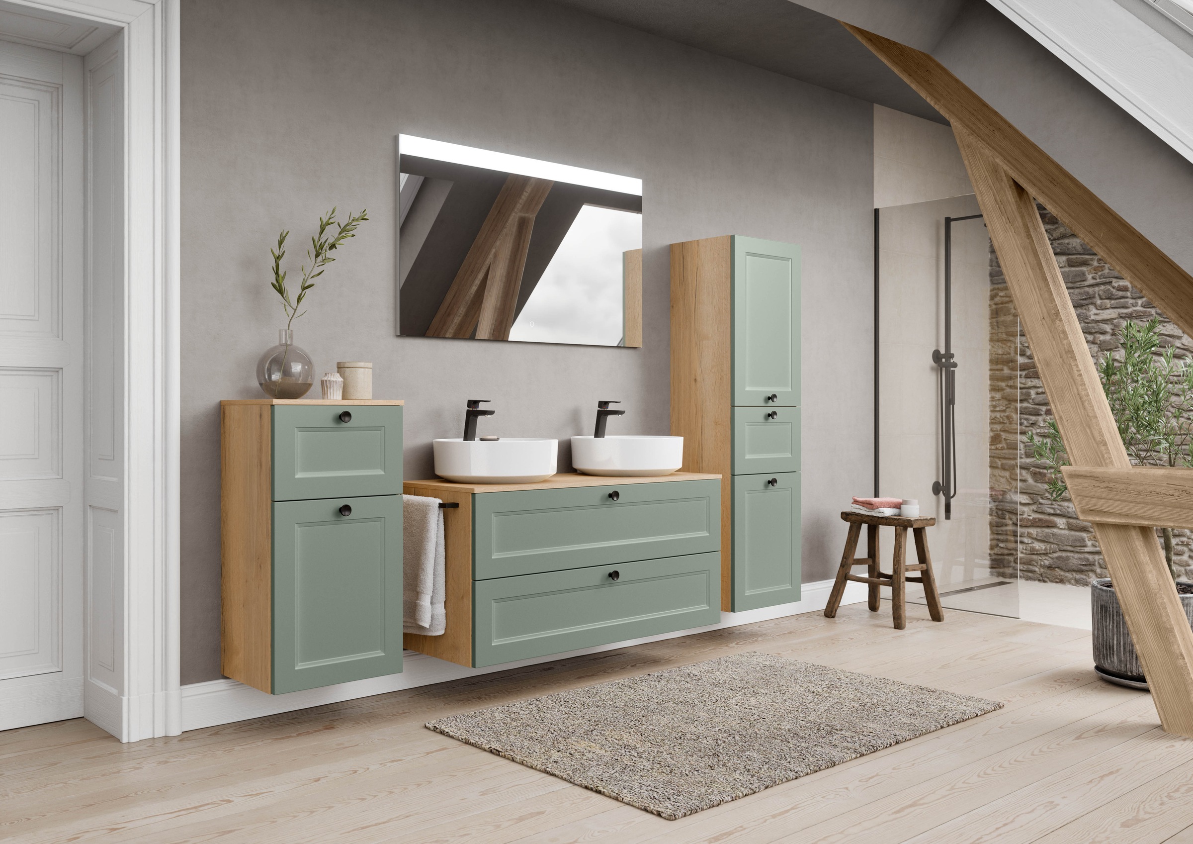 nobilia® Badmöbel-Set »Cascada« Set, inkl.  2 Aufsatzwaschbecken und beleuchtetem  Spiegel mit Touch-Sensor, 6 Stk. tlg.