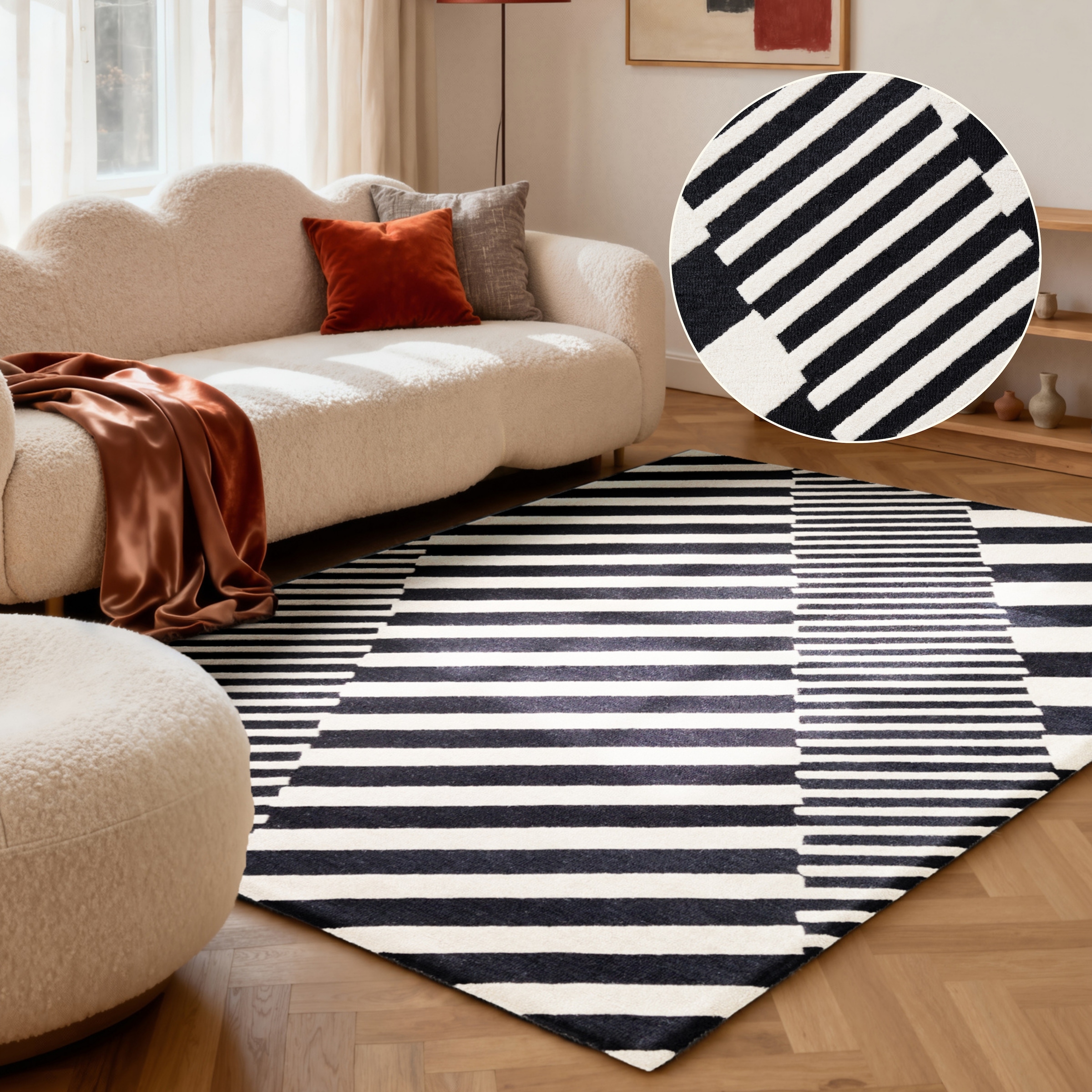 ELLE DECORATION Wollteppich "Flux" rechteckig 12 mm Höhe Wolle, Natur, Wohnzimmer, schwarz weiss, Geometrisch, Streifen