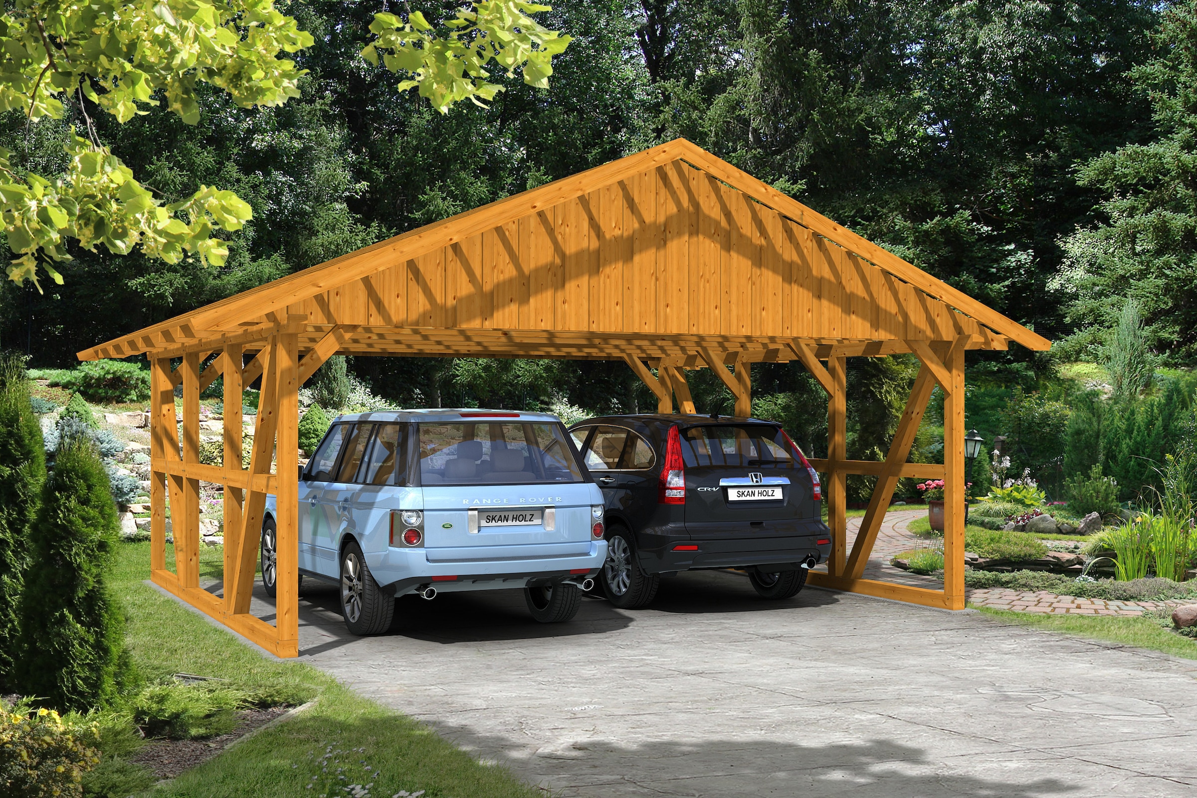 Skanholz Doppelcarport »Schwarzwald«, KVH, Fichte, 560 cm, Eiche hell, 684x600cm, mit Dachlattung