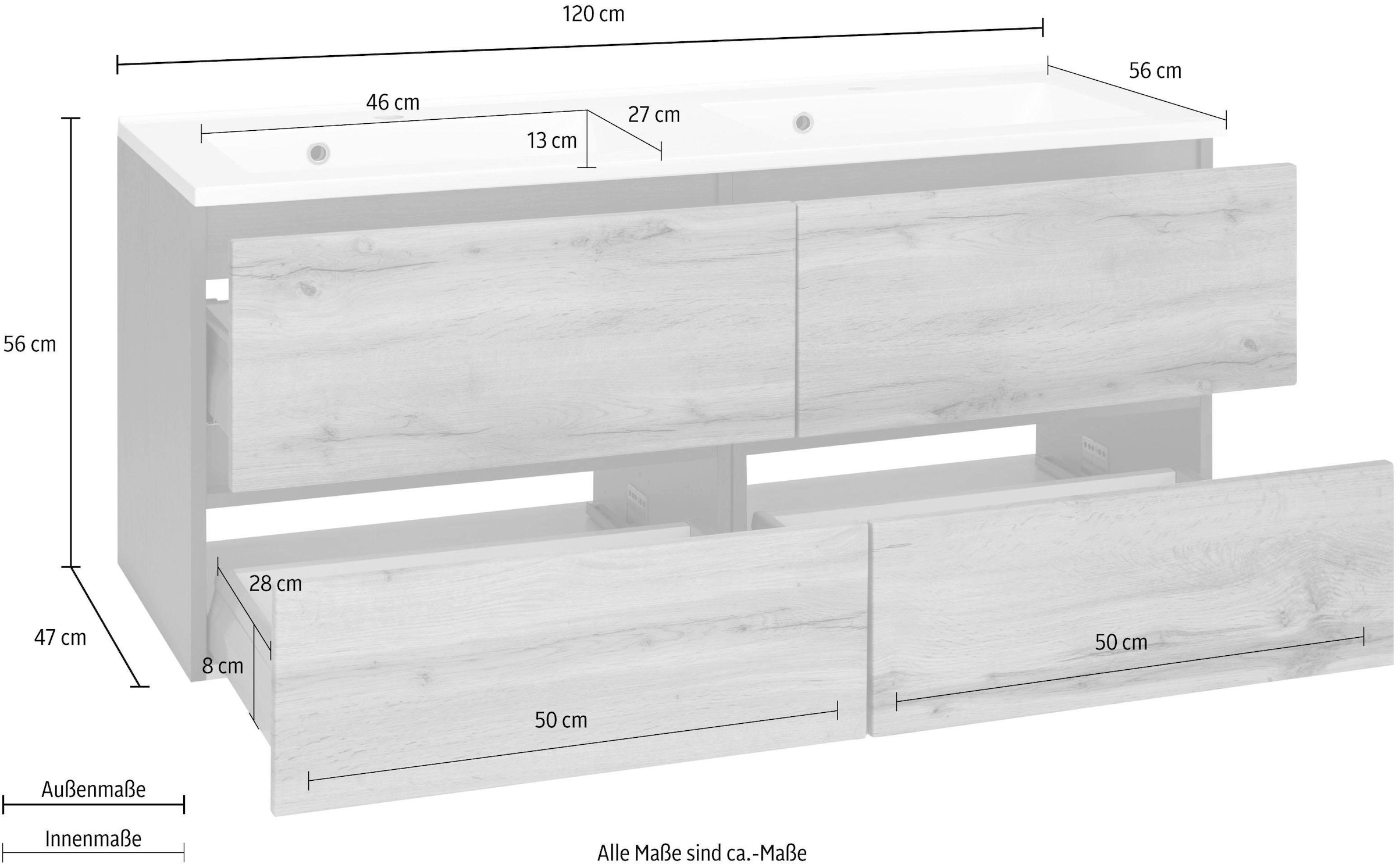 welltime Waschbeckenunterschrank »Lucca«, Badmöbel, Waschtisch inkl. Waschbecken, Breite 120 cm