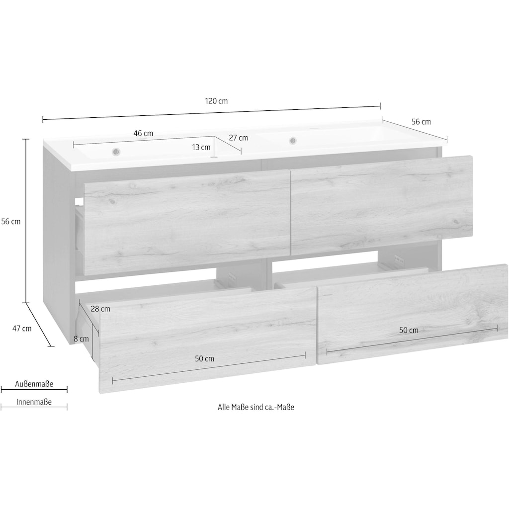 HELD MÖBEL Waschbeckenunterschrank »Lucca«, Badmöbel, Waschtisch inkl. Waschbecken, Breite 120 cm