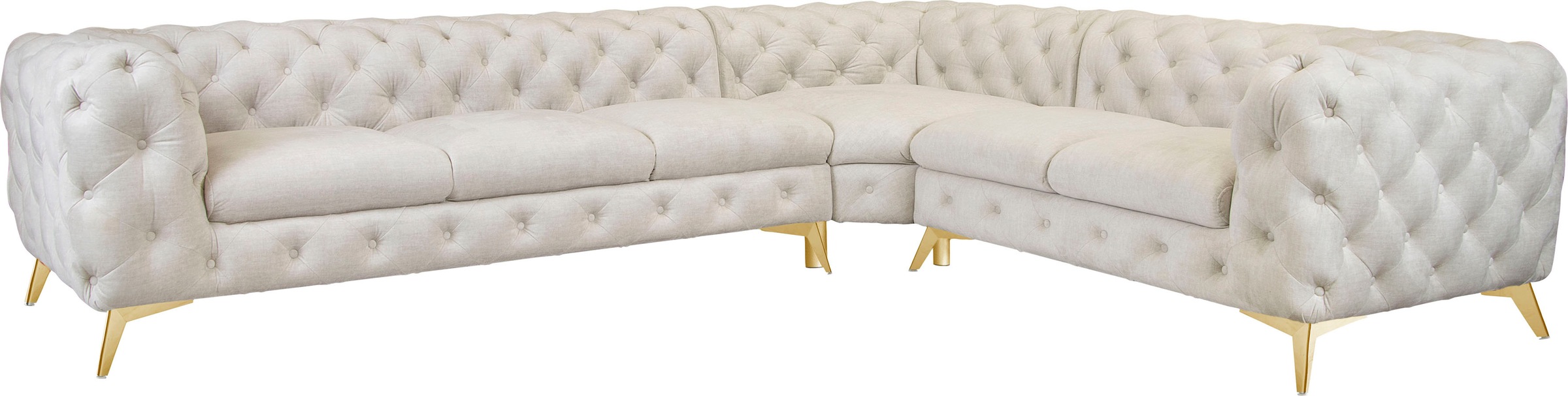 Leonique Chesterfield-Sofa »Ecksofa GLYNIS L-Form mit Wellenunterfederung, Maße B/T/H 323/264/75cm«, aufwändige Knopfheftung, moderne Chesterfield Optik, Fußfarbe wählbar