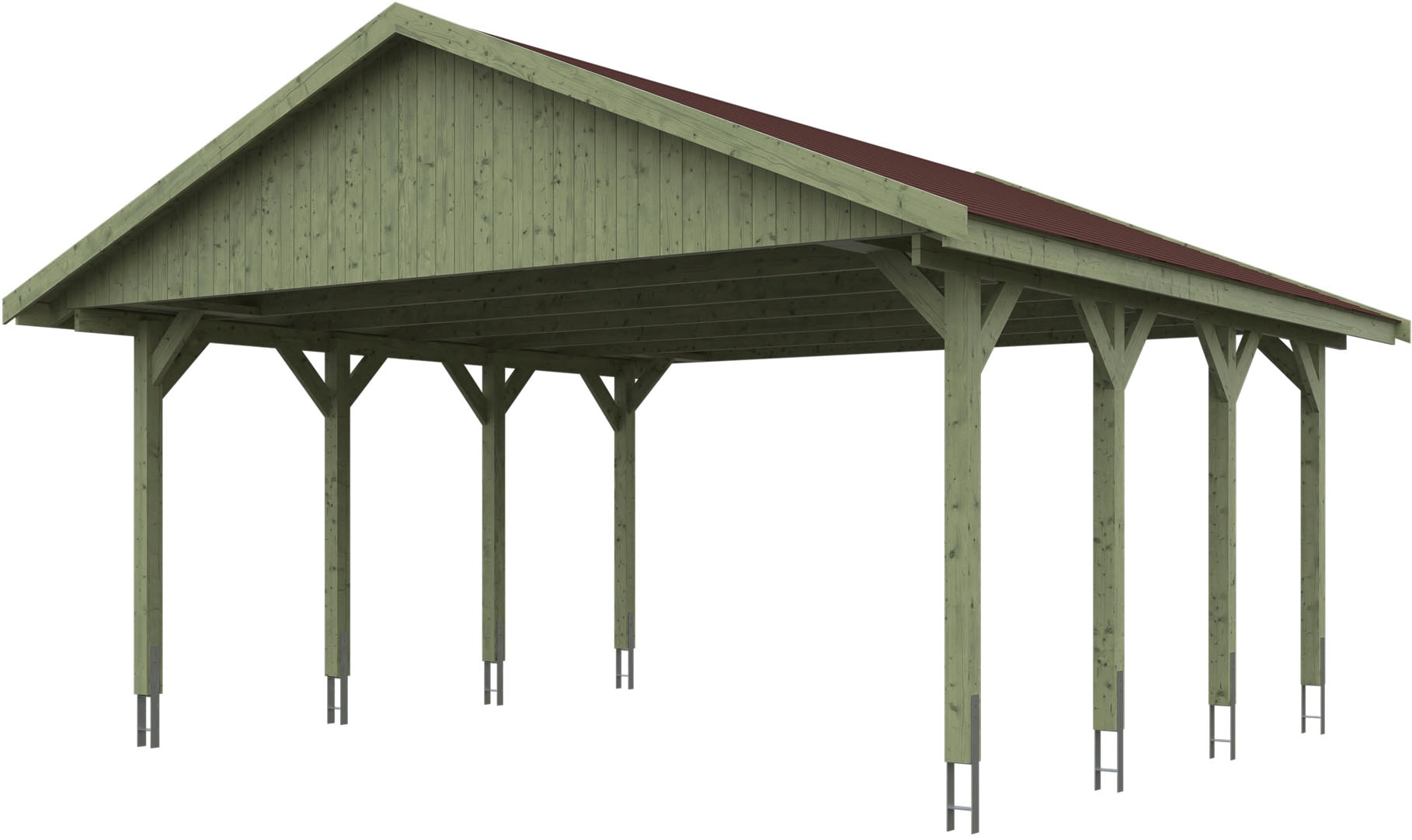 Skanholz Doppelcarport "Wallgau" Massivholz 530 cm Grün mit roten Dachschindeln