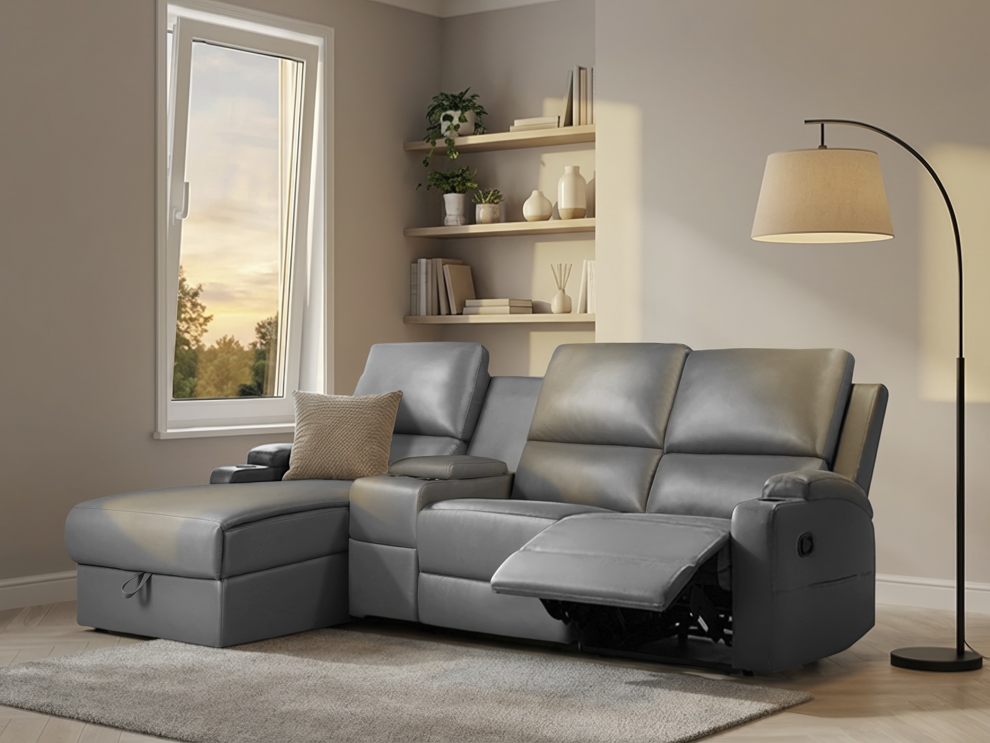 OTTO home Ecksofa "NAPORI Lederoptik, Multimediasofa, 3er Kinosessel XXL, L-Form" Kinosofa, manuelle o. elektr. Relaxfunktion, Staufach, Getränkehalter
