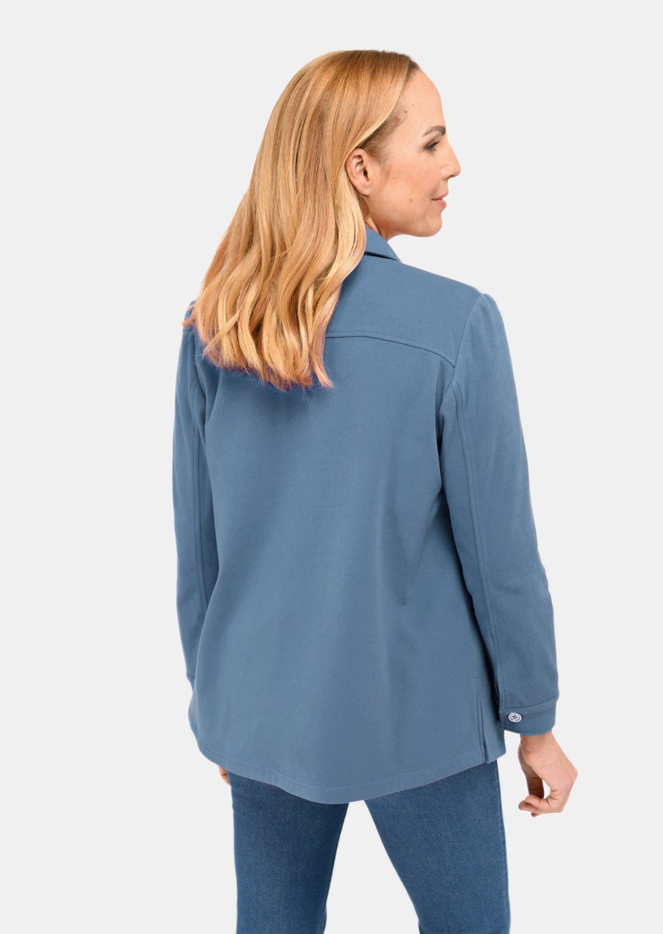 Jackenblazer GOLDNER "moderne Hemdjacke in trageangenehmer Qualität", Damen, Gr. 48, grün (rauchblau), Obermaterial: 89% Polyester PES. 11% Elasthan EL., Manschette, Blazer, Wunderschöne Knöpfe in Eisgold 3