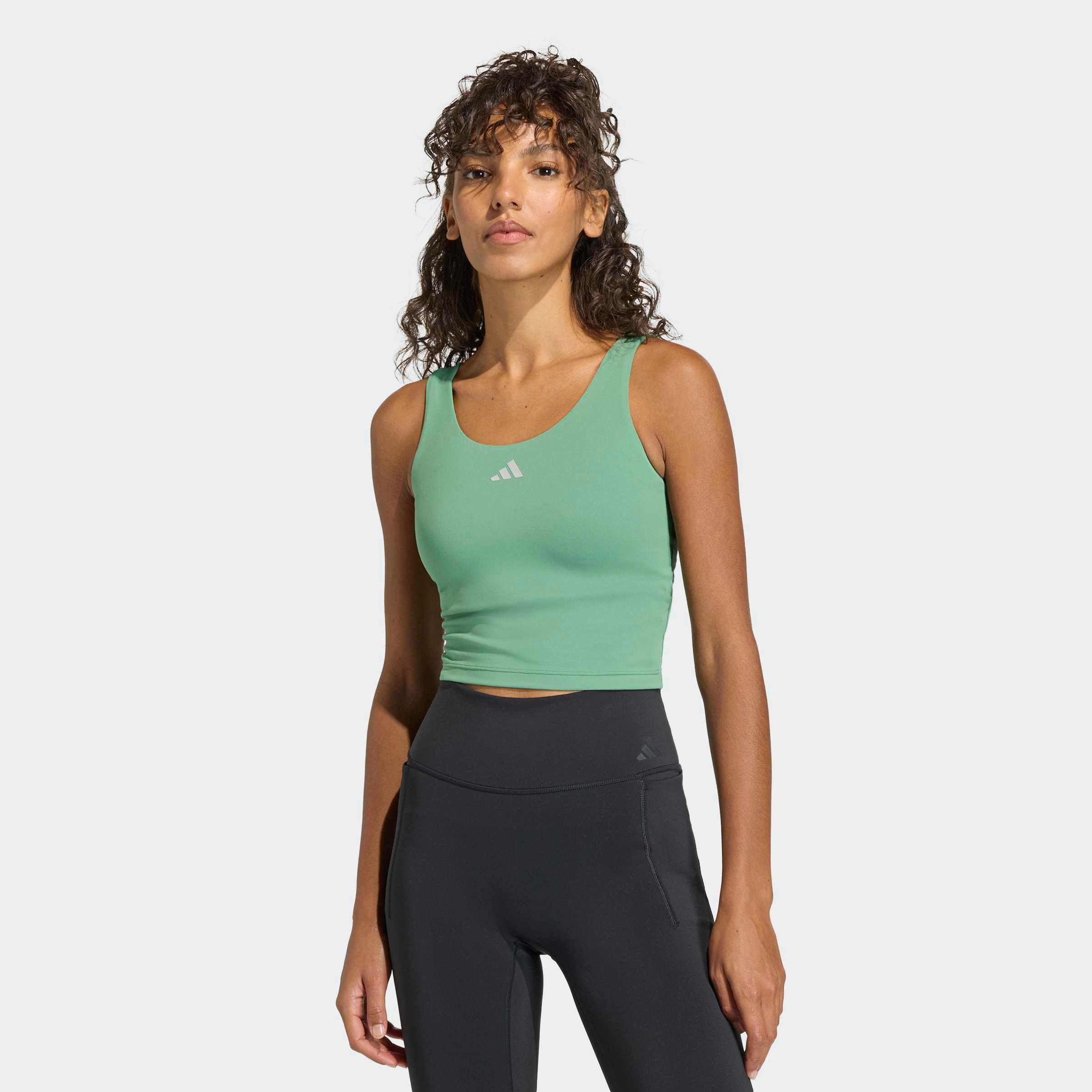 Tanktop ADIDAS PERFORMANCE "3-STREIFEN STUDIO ALL ME, LEICHT STÜTZEND", Damen, Gr. XL, preloved grün, Obermaterial: 79% Polyester, 21% Elasthan (LYCRA), Tops Tanktop