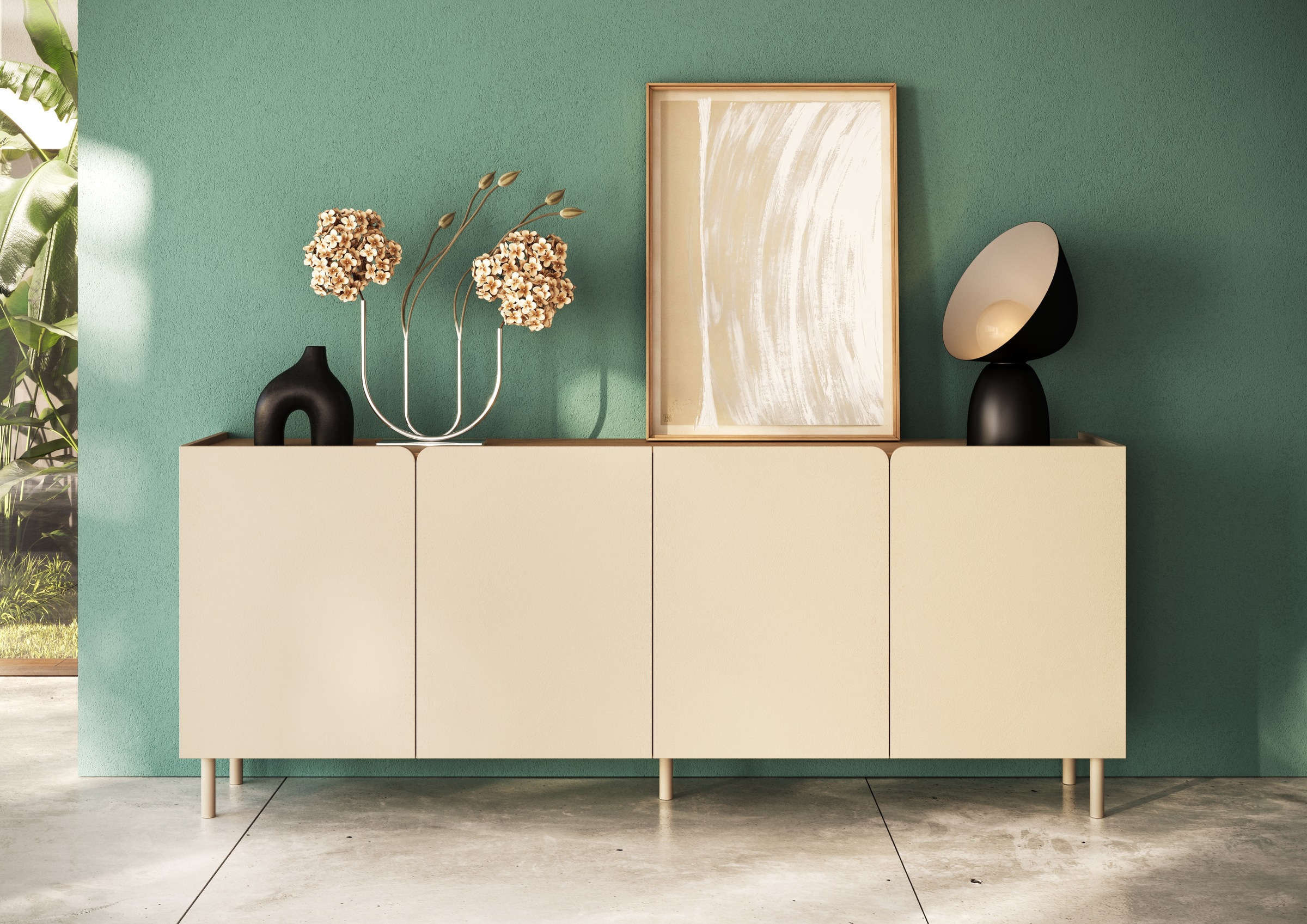 OTTO home Sideboard »Dobbiaco, 202 cm breit, 4 Türen, Anrichte, Kommode, Stauraumschrank« Innenliegendes Top, gerade Metallfüße, Tür mit Rundung