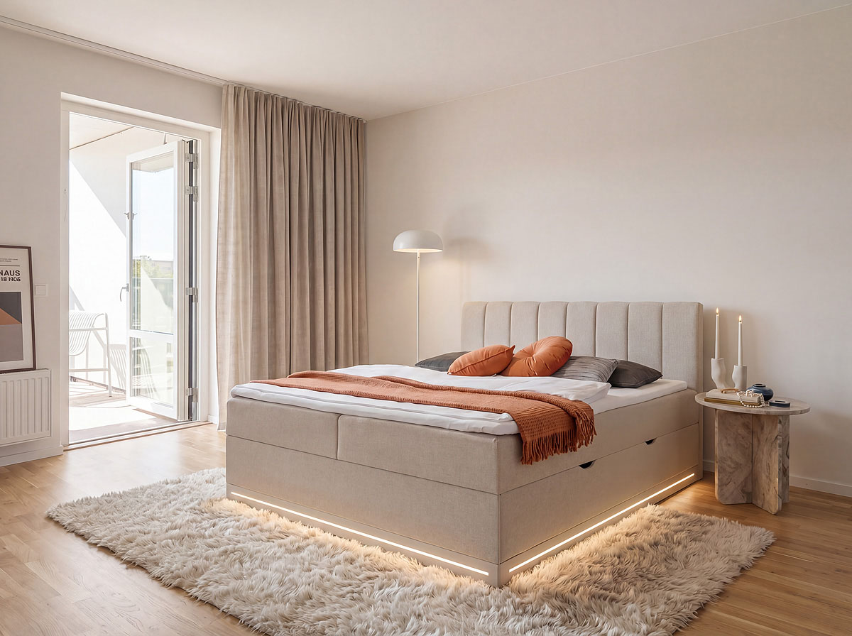 Home affaire Boxbett "WAKKANAI, Polsterbett mit Bettkasten, inkl. Taschfederkernmatratze H3" mit PUR-Schaum-Topper, mit LED-Lichtleiste, LIegefläche 180x200cm