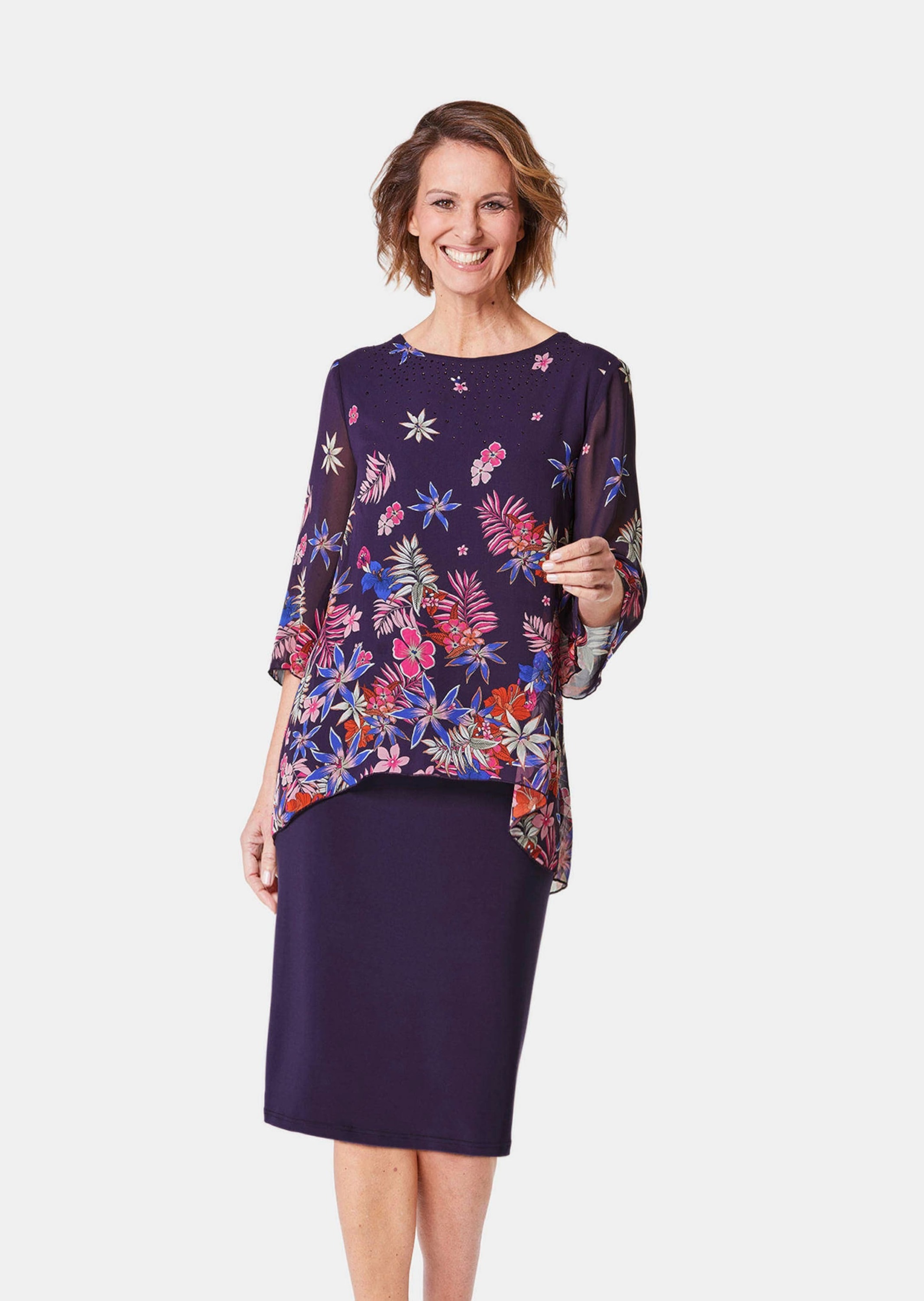 GOLDNER Etuikleid "Kleid mit floralem Chiffonüberwurf" günstig online kaufen