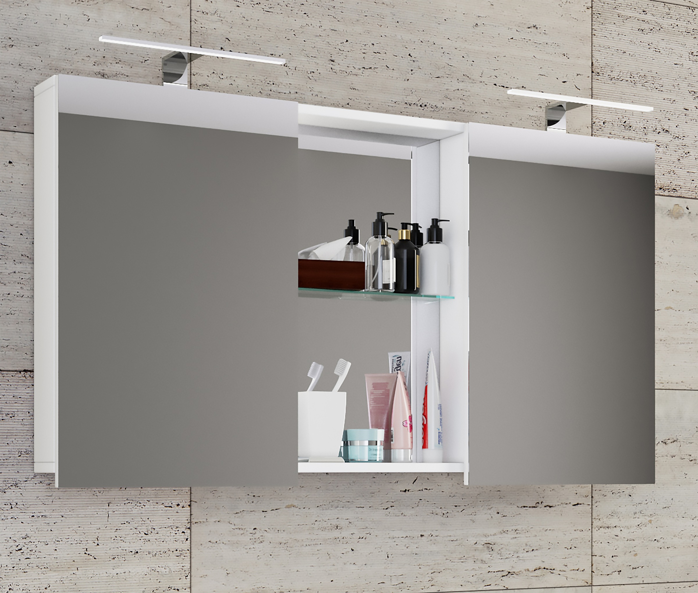 VCM Badspiegel »VCM Badschrank zeitlos | Maße ca. H. 59 x B. 112 cm T. 12 cm | Zwei Drehtüren mit Ablagefächer | Spiegelschrank - Budasi«, (VCM Budasi)