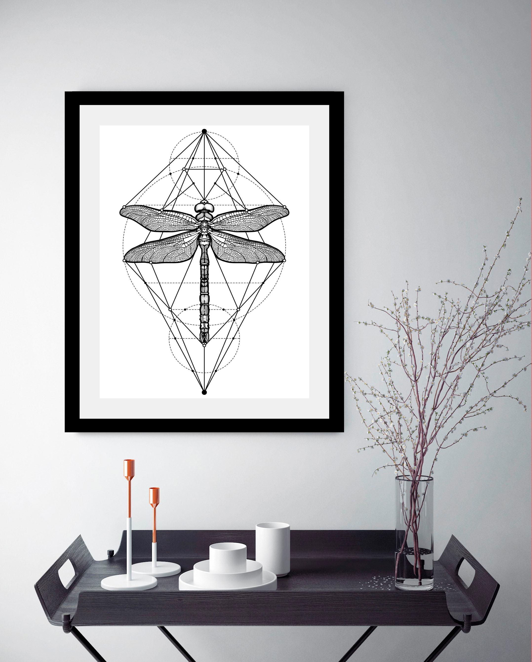 queence Bild »Libelle«, Tiere-Schwarz-Weiß-Kunst-Insekten, HD Premium Poster-Druck inkl. Holzrahmen