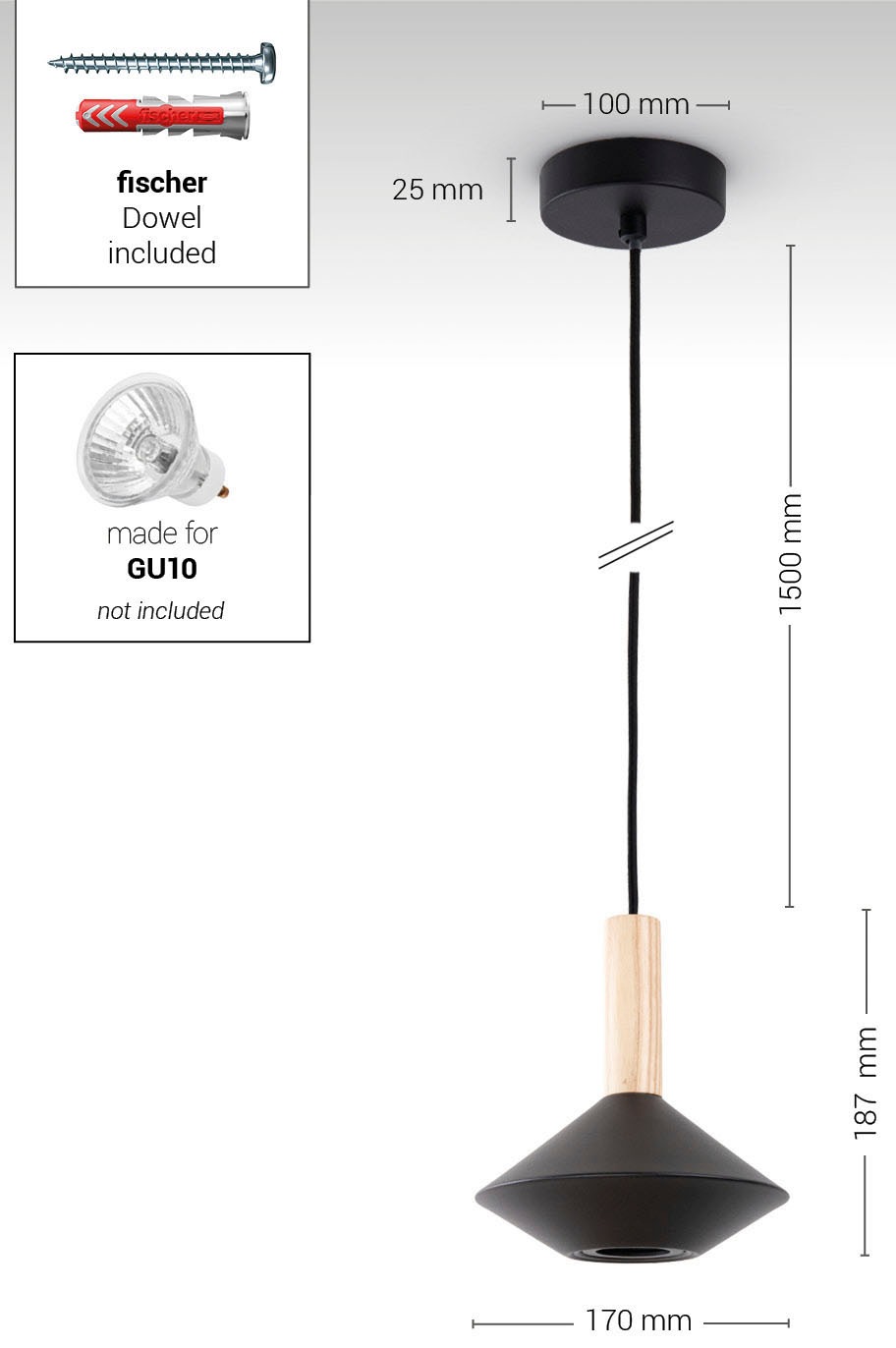Paco Home Pendelleuchte »MORA«, Leuchtmittel GU10 | ohne Leuchtmittel, Wohnzimmer Esszimmer Trichterform Modern Holz Metall GU10