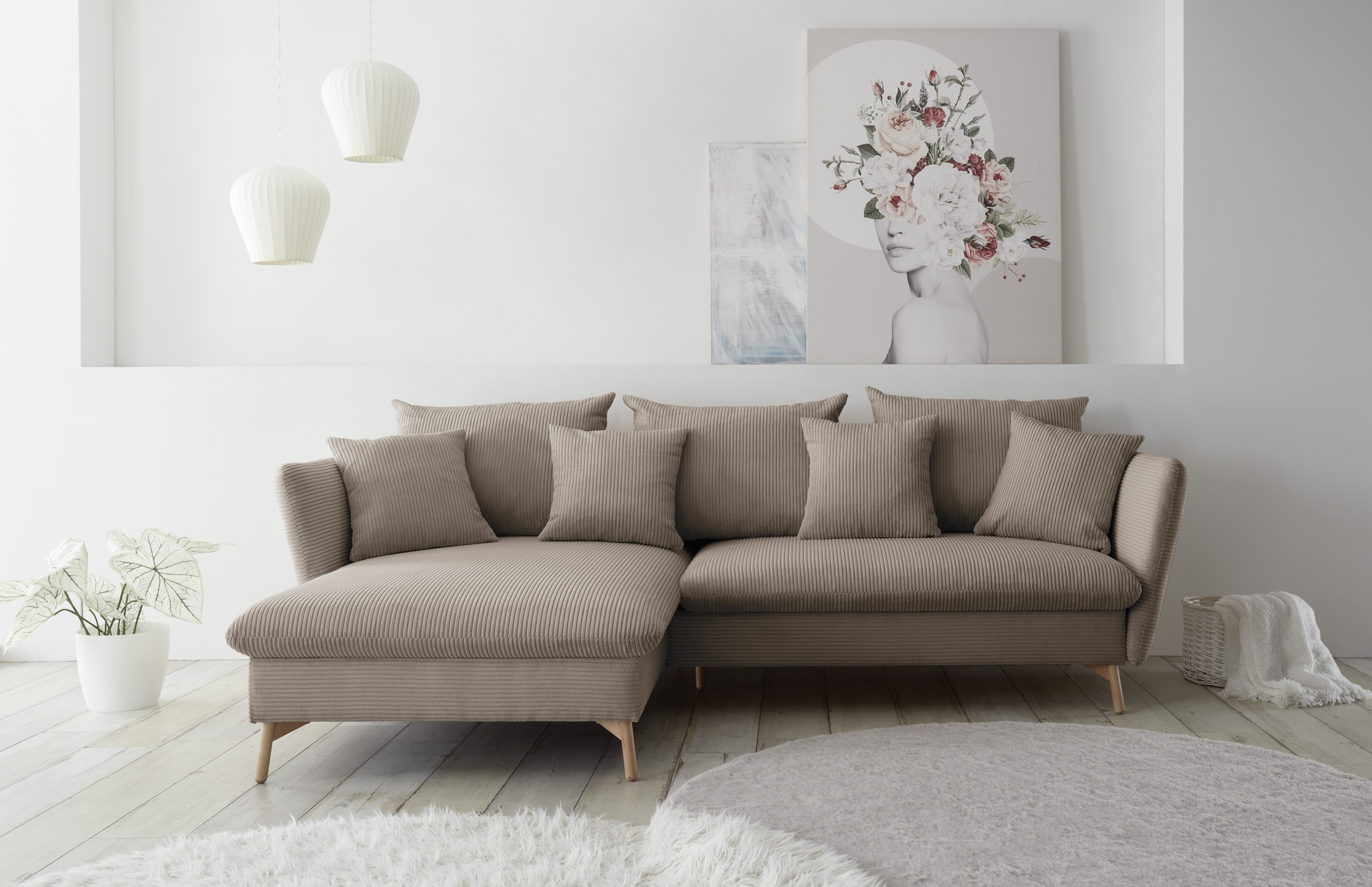 andas Ecksofa »MERLE, 258 cm, L-Form, traumhafter Cord,«, mit Bettfunktion und Bettkasten, Liegefläche 224 x 139