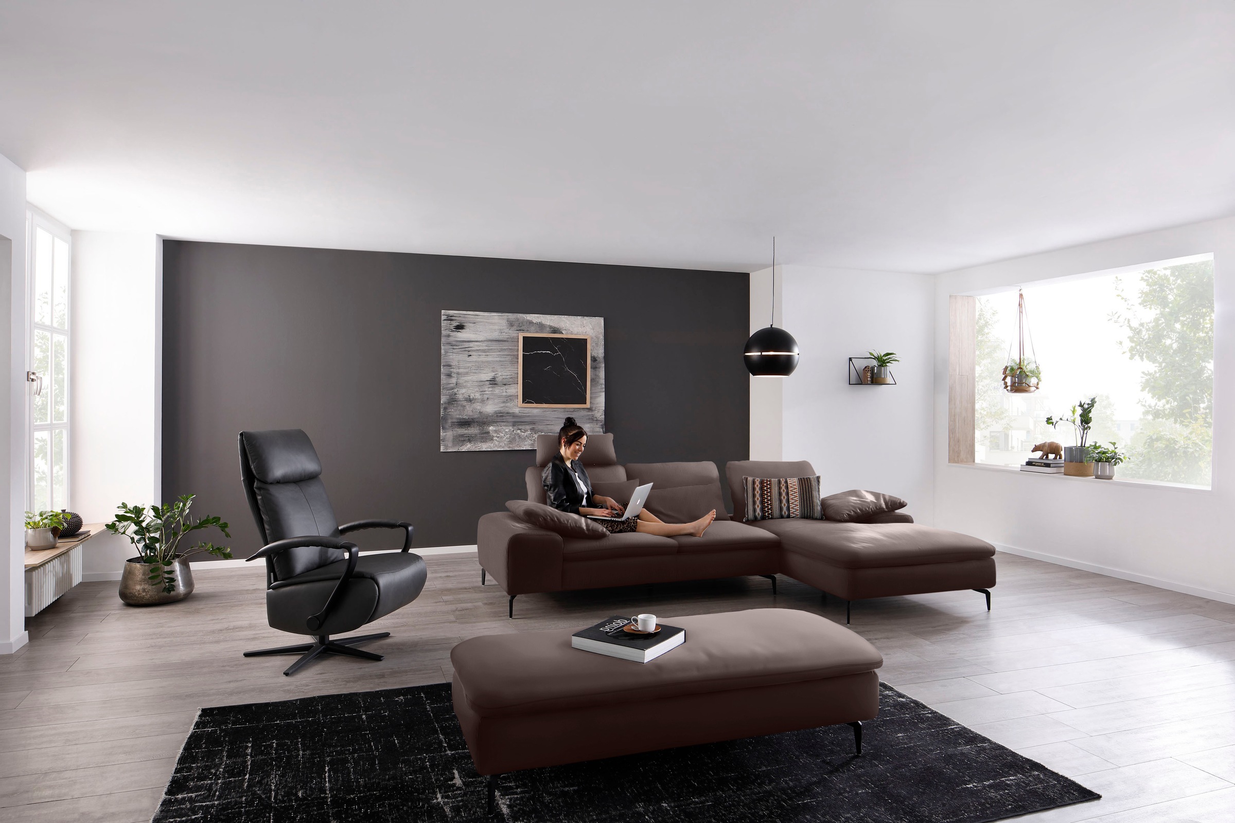 W.SCHILLIG Ecksofa »valentinoo, Designsofa, bequem, elegant und zeitlos, L-Form«, (Set), inklusive Hocker, mit Sitztiefenverstellung, Breite 299 cm