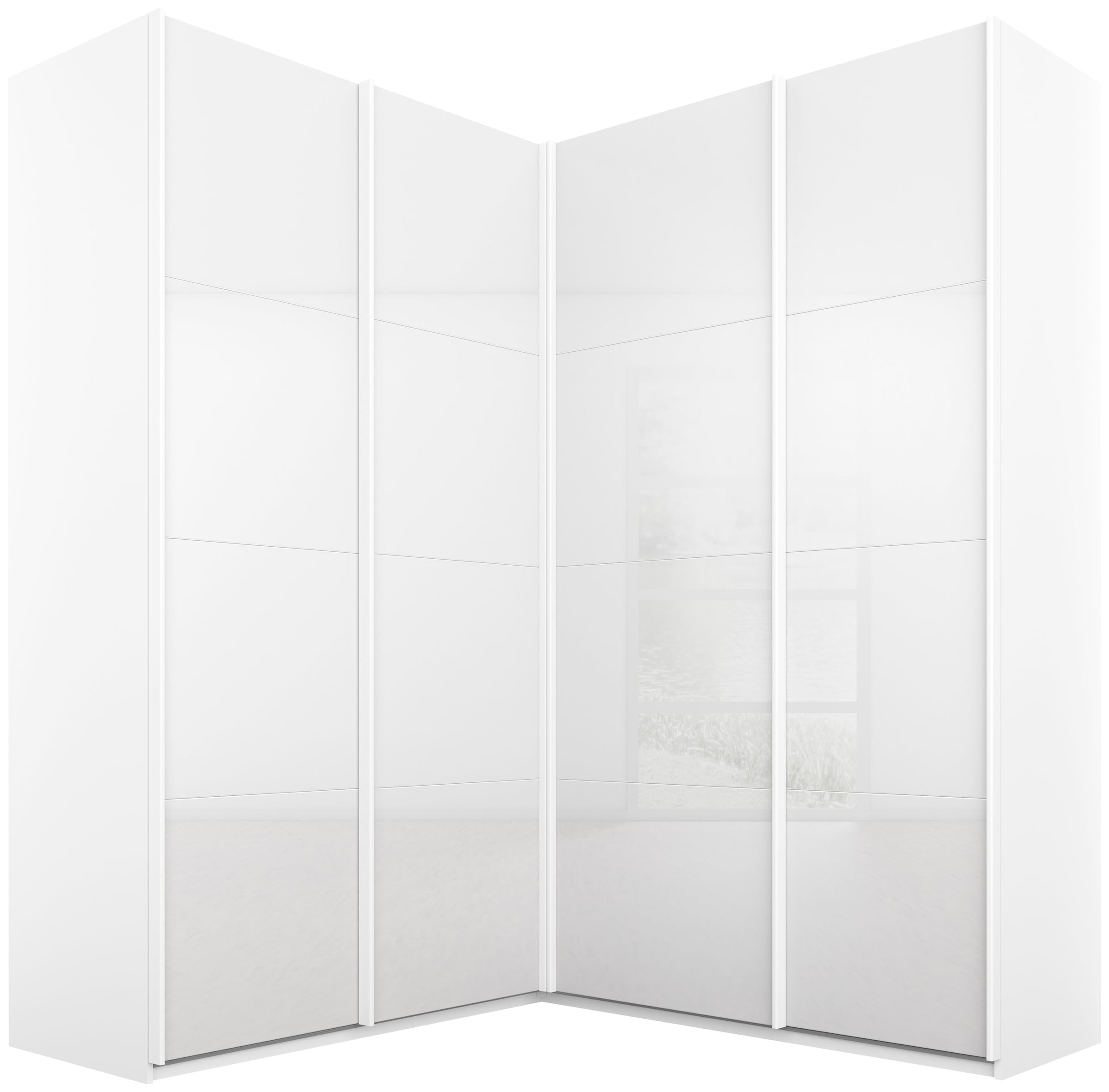 rauch Schwebetürenschrank "Schrank Garderobe Eckkleiderschrank QUADRA Front in Dekor/Hochglanz" in den Höhen 210/229 cm, inkl. Soft-Close-Funktion, großer Eckschrank mit viel Stauraum, Maß 181x187 cm MADE IN GERMANY