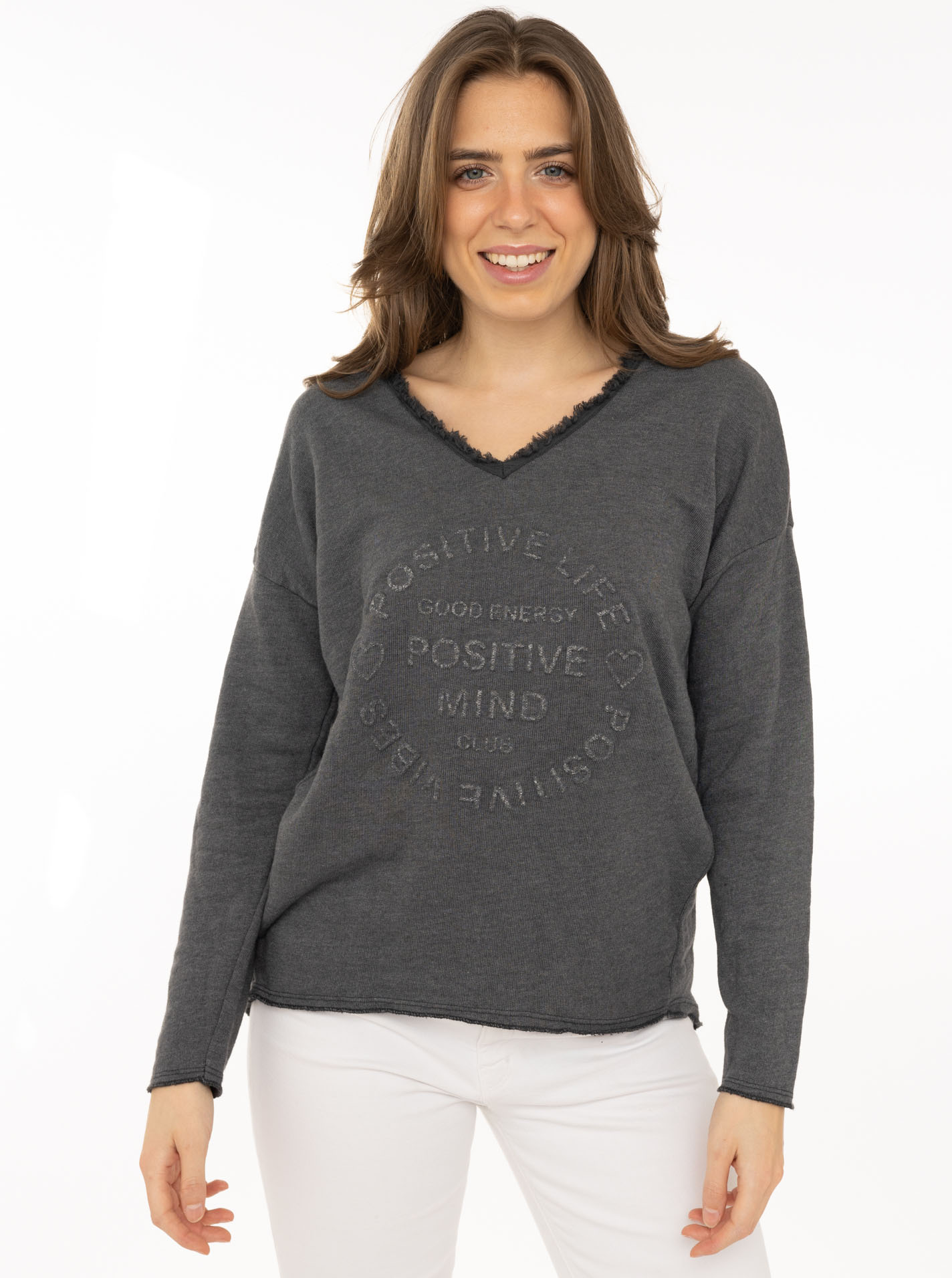 Zwillingsherz 1100000002199 ""Positive Mind"", ausgefranster V-Ausschnitt, Used Look, Langarm, Schriftzug