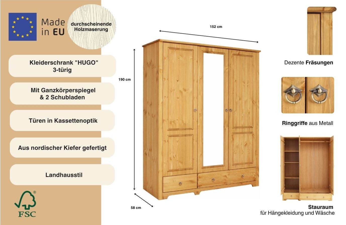 Thumbnail - Home affaire Kleiderschrank "Hugo" 3 Breiten: 106/200/245 cm H/T ca. 190/58 cm, aus massiver Kiefer im Landhausstil, mit...