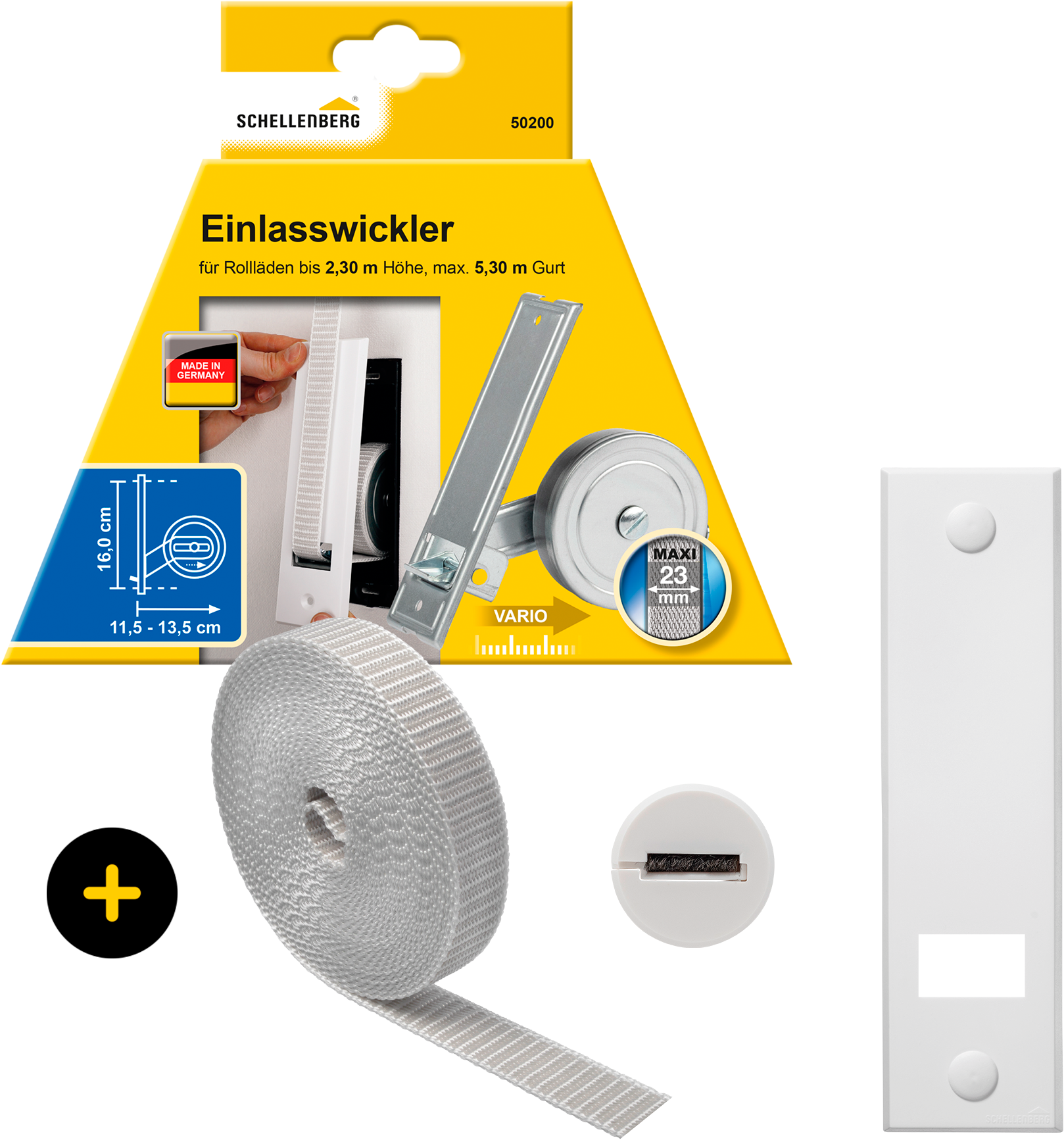 SCHELLENBERG Einlass-Gurtwickler "inkl. Abdeckplatte, Gurtführung, Rollladengurt grau oder weiß" Set, 1 Stk. tlg. Unterputz Gurtwickler 16 cm Lochabstand für das Rollladensystem Maxi