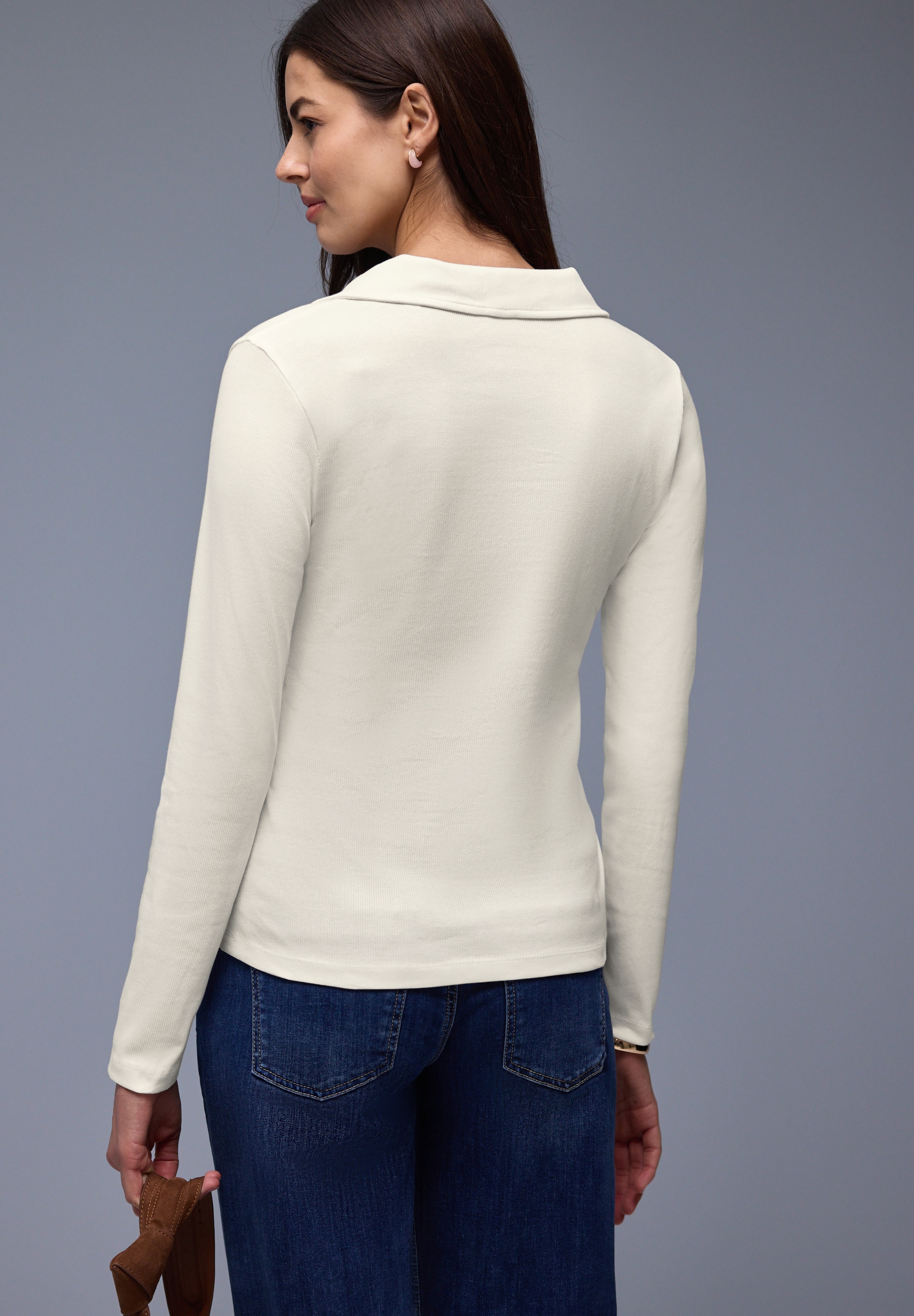 STREET ONE Langarm-Poloshirt in Melange-Optik und mit Ripp-Struktur