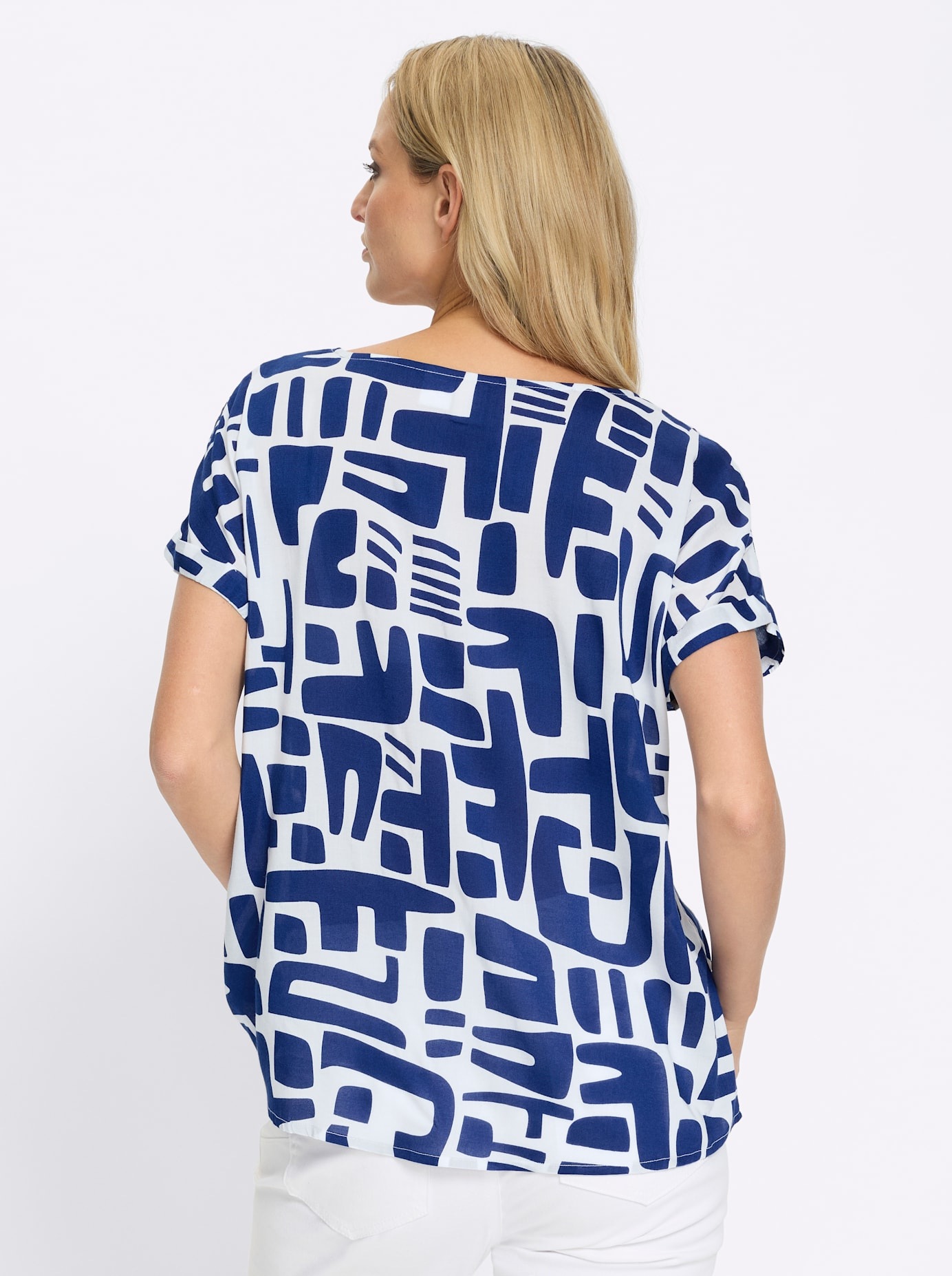 Kurzarmbluse HEINE, Damen, Gr. 42, royalblau, ecru, bedruckt, 100% Modal, bedruckt, gemustert, mehrfarbig, Rundhals, Blusen 2