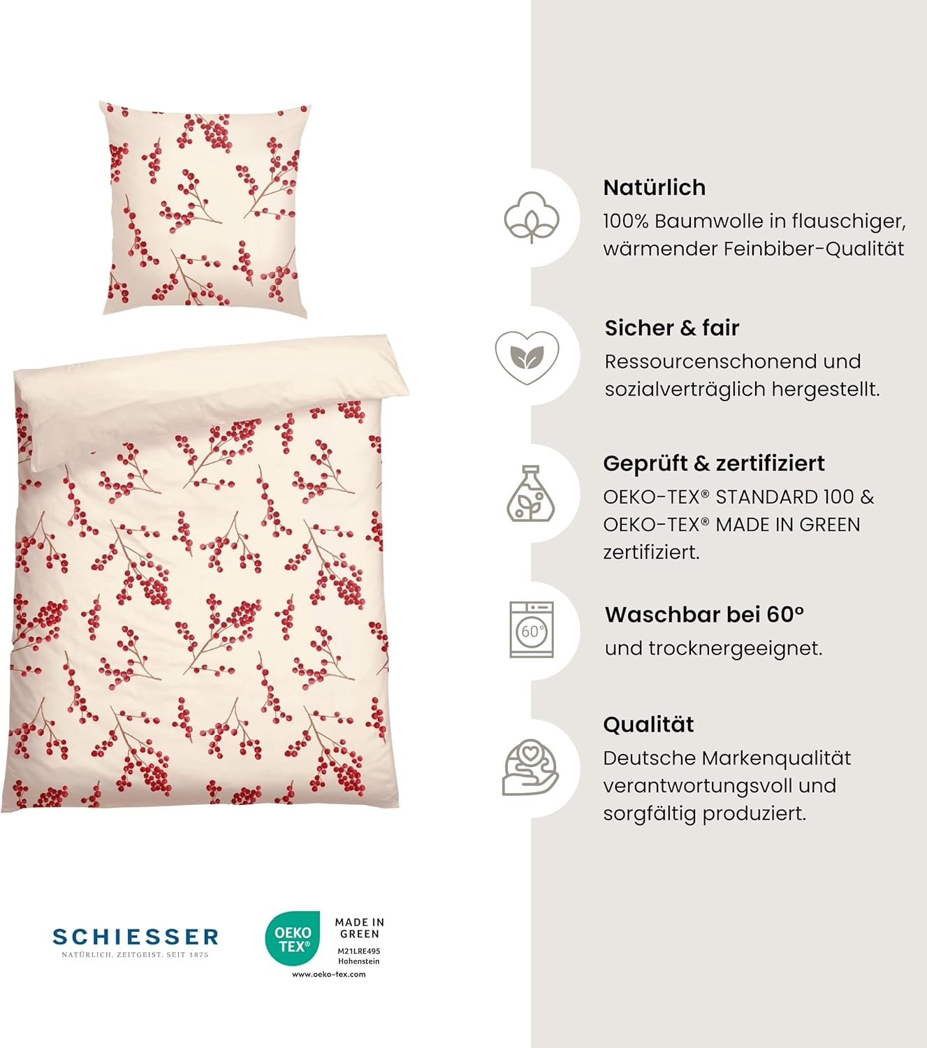 Schiesser Wendebettwäsche »Rowan aus weicher Baumwolle in wunderschönem Beerenprint« 2 Stk. tlg. Made in Green