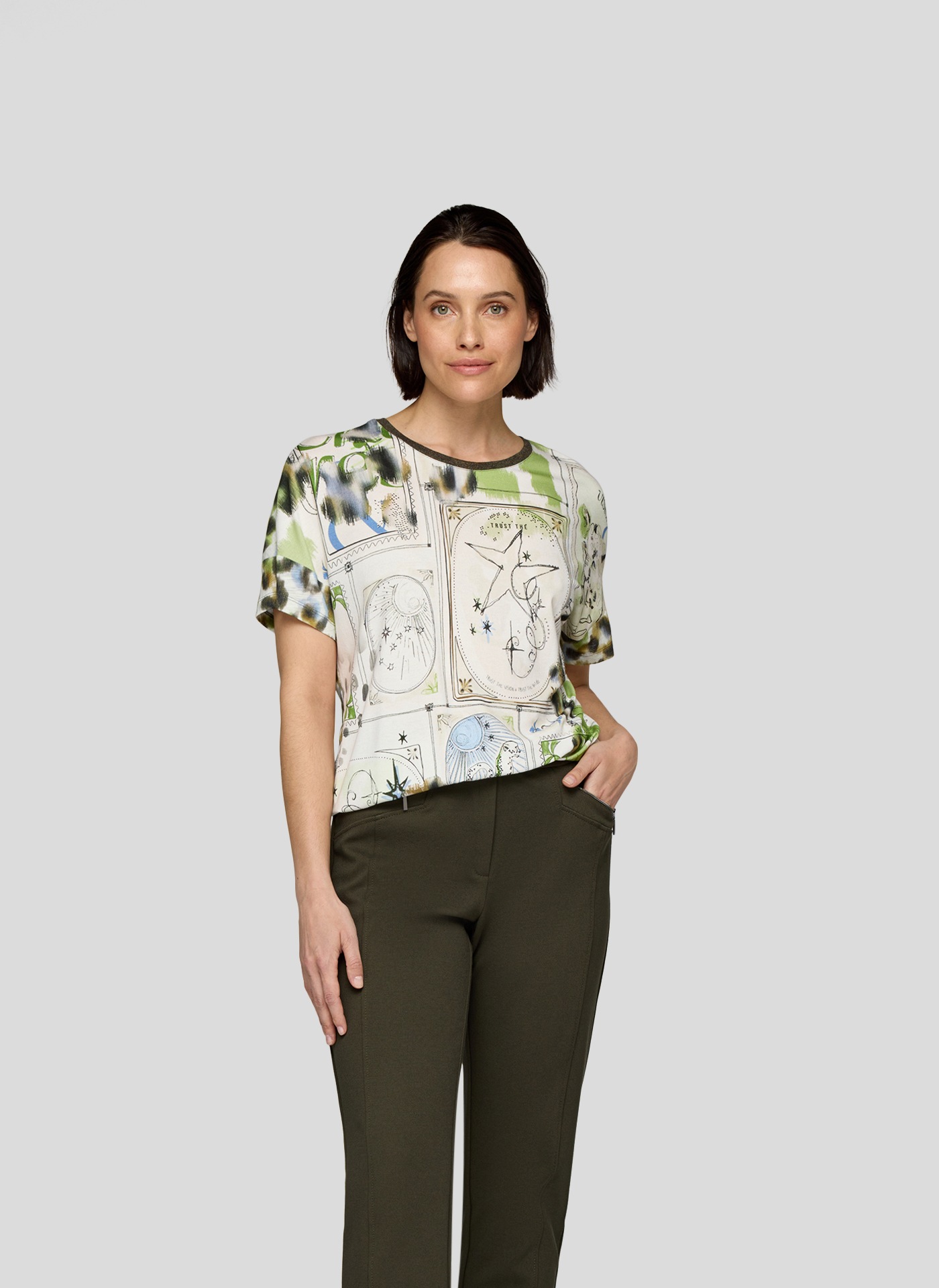 RABE Damen Kurzarmshirt, grün, Gr. 42, Animal-Print, bedruckt, Web, Obermaterial: 50% Baumwolle, 50% Viskose, Shirts, mit grafischem Muster