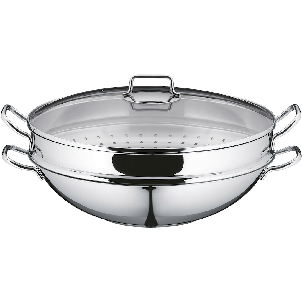 WMF Wok »Macao«, Cromargan® Edelstahl Rostfrei 18/10, (Set, 4 tlg., 1 x Wok mit Glasdeckel, Dämpfeinsatz, Rezeptheft)