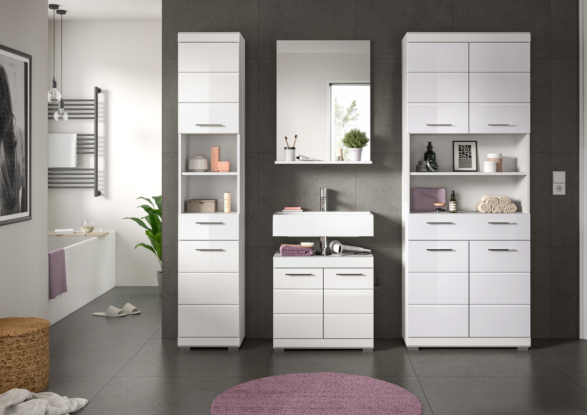 INOSIGN Badmöbel-Set »Siena, 4 teilig, bestehend aus:«, (Set), Hochschrank, Waschbeckenunterschrank, Badspiegel, Hochschrank breit
