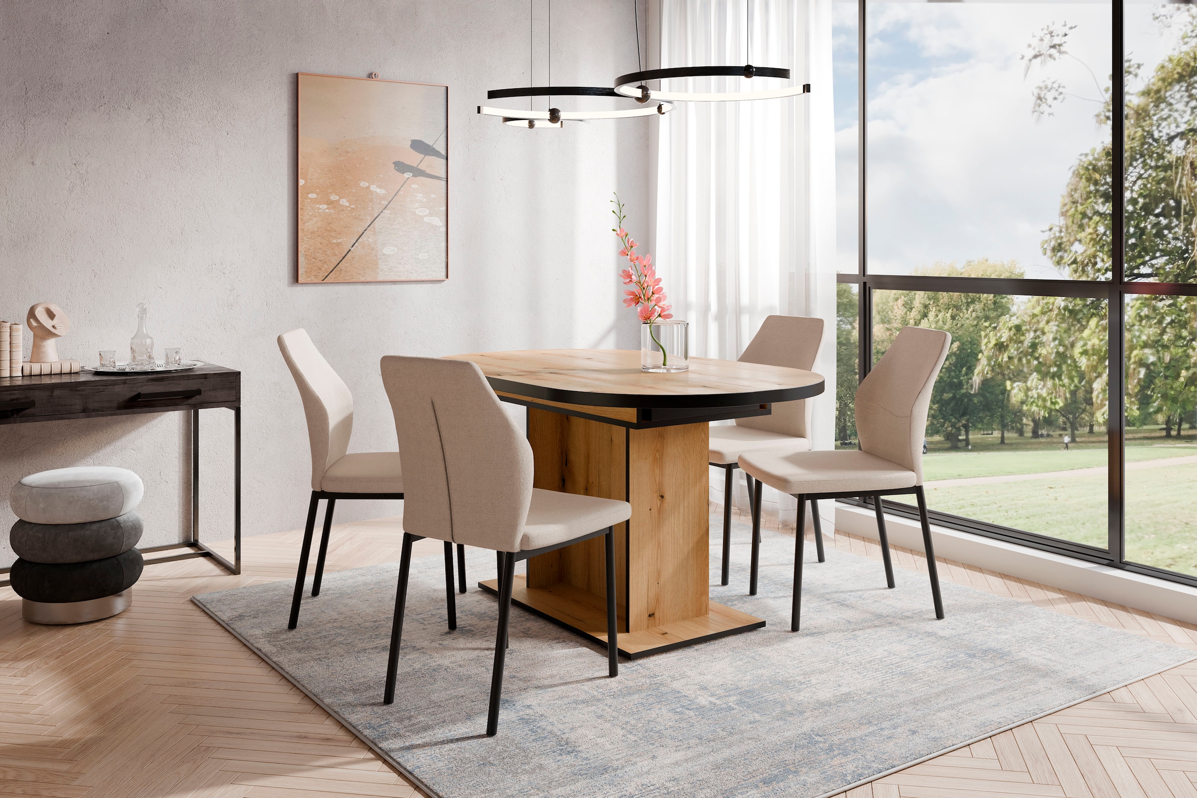 Home affaire Essgruppe »Basel, Tischgruppe mit Ausziehtisch«, (Set, 5 tlg.), BESTSELLER, Sitzgruppe, Tisch, Stühle, ovale Tischplatte, Säulentisch