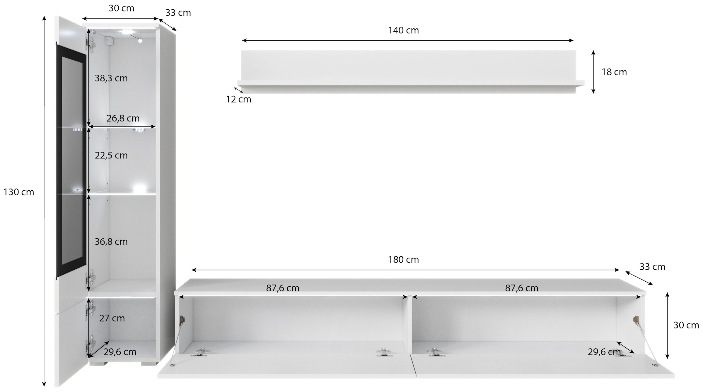 INOSIGN Wohnwand »VERA I, Vitrinen Türanschlag links/rechts wechselbar«, (Komplett-Set, 3 St.), Vitrine mit Verglasung, stehend und hängend, inklusive Beleuchtung