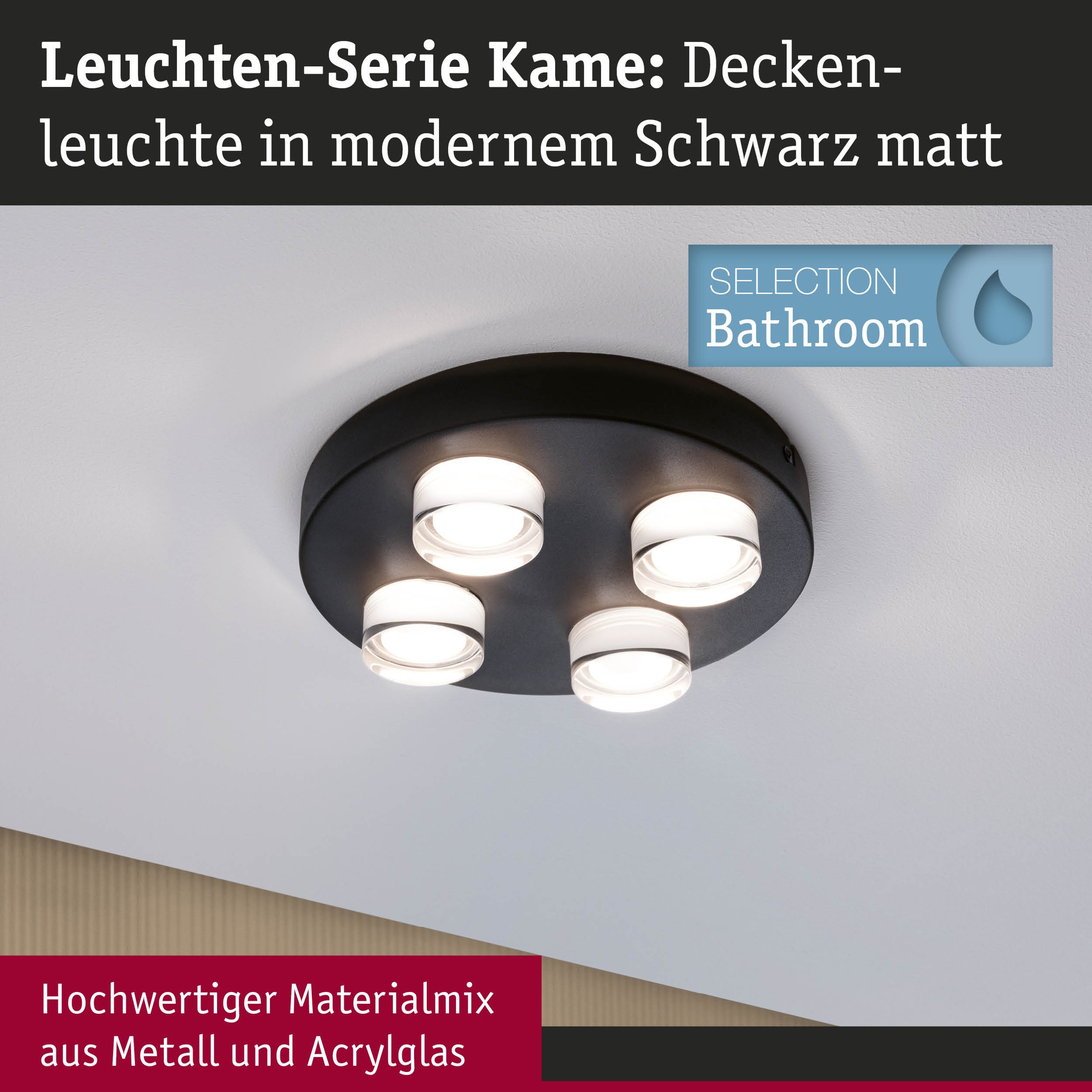 Paulmann LED Deckenleuchte »Selection Bathroom Wand-/Deckenleuchte Kame IP44 Signalschwarz 4er«, 4 flammig