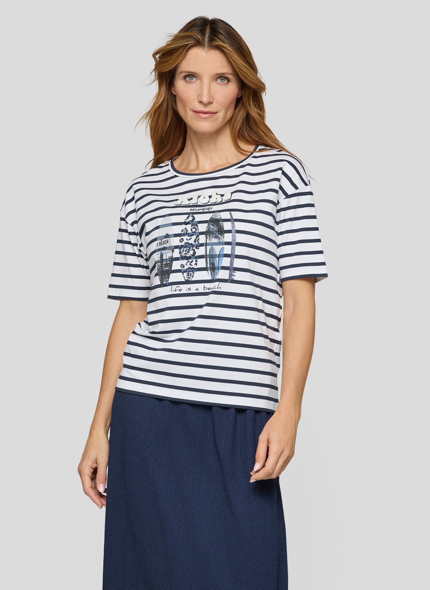 Rabe Kurzarmshirt im Streifen-Design und mit Glitzersteinen günstig online kaufen