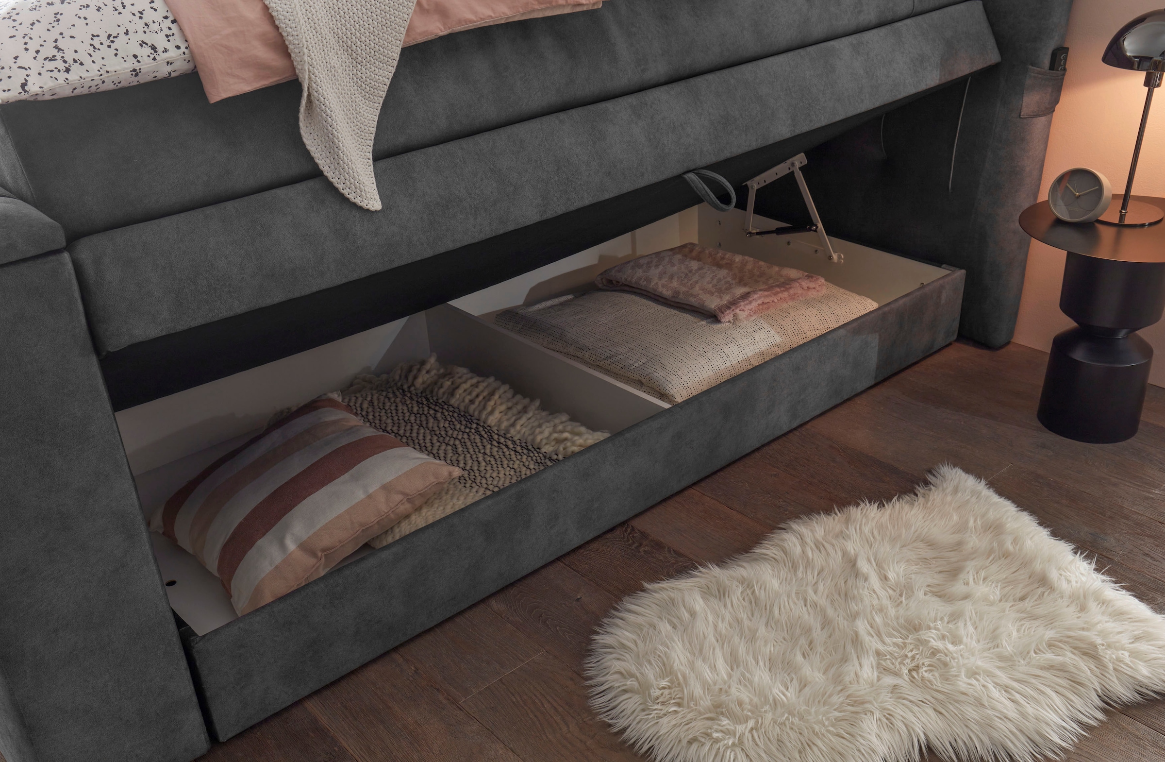 ED EXCITING DESIGN Boxspringbett »Springdale«, mit Bettkasten, motorisierter TV-Halterung, Duo-Matratze (H3/H4)