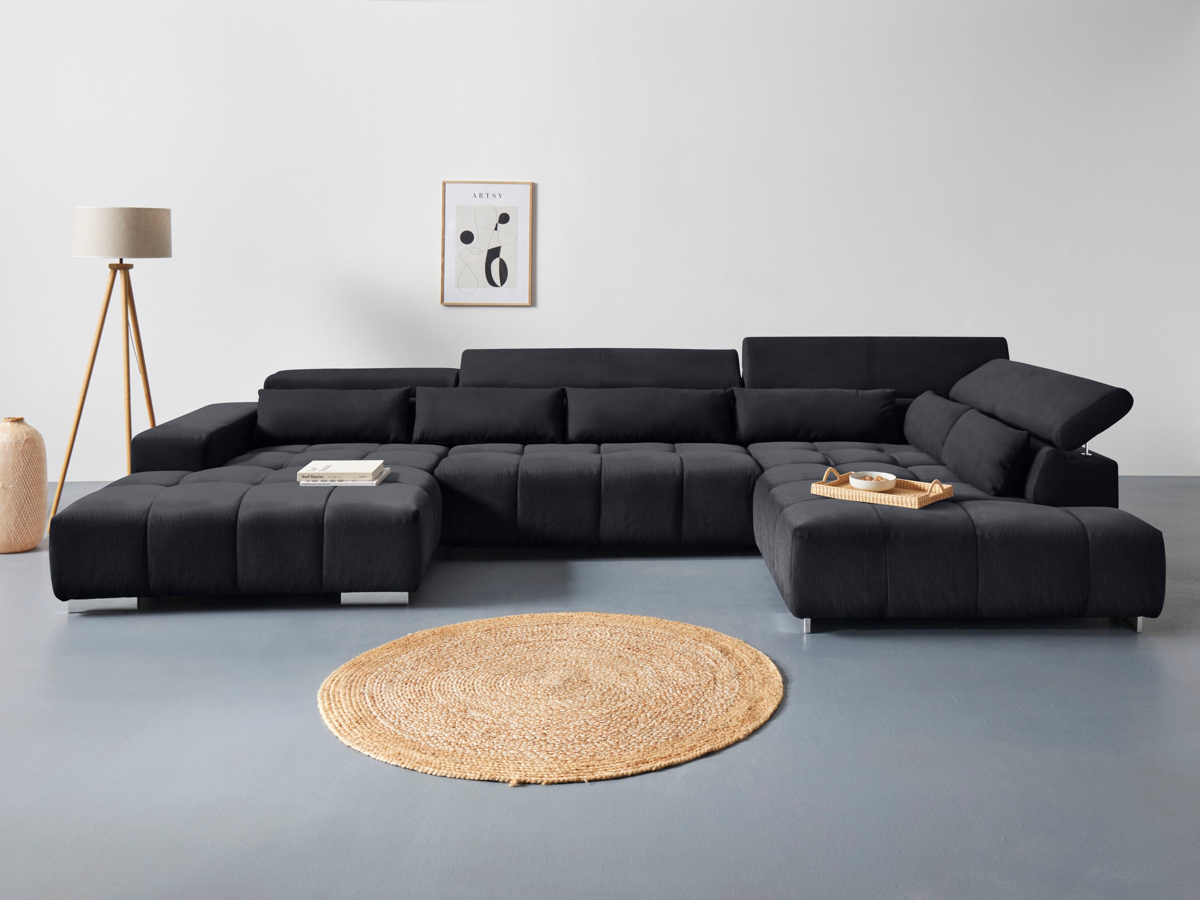 COTTA Wohnlandschaft "Orion U-Form XXL, B: 409 cm, bequeme Wellenunterfederung, top modern" mit Kopfteilverstellung & 6 Nierenkissen