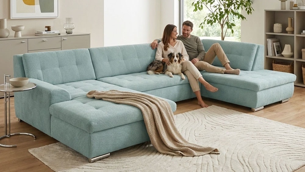 OTTO home Wohnlandschaft "Torrnby 360 x 201 cm, mit Steppungen, modern & stabil" mit Schlaffunktion, U-Form, aus Pet Friendly Bezug