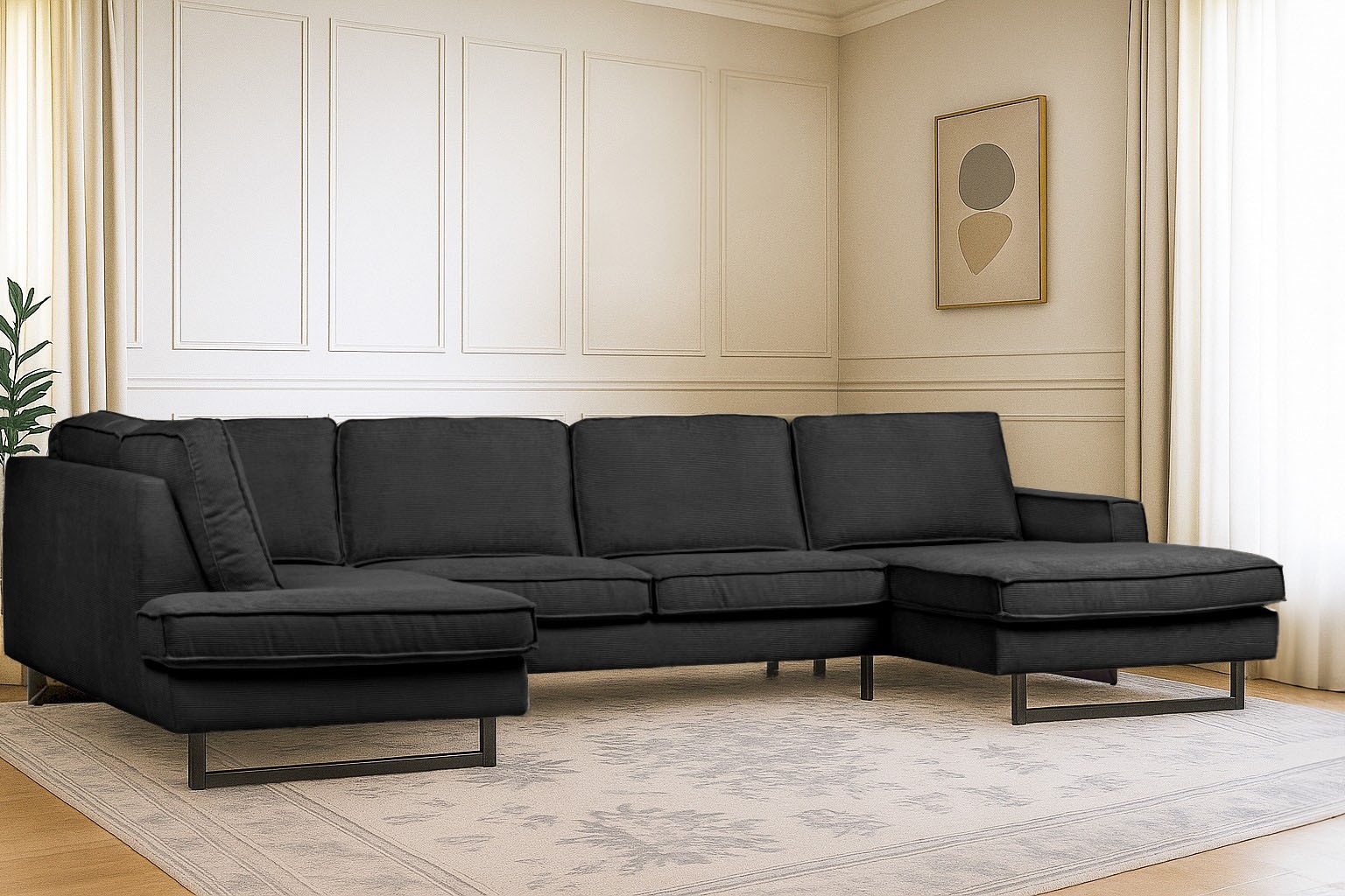 OTTO home Wohnlandschaft "Pinto, 350 cm, U-Form, XXL, mit Ottomanen" Cord, Chenille, Lederoptik, mit Keder, Metallfüße, Wellenunterfederung