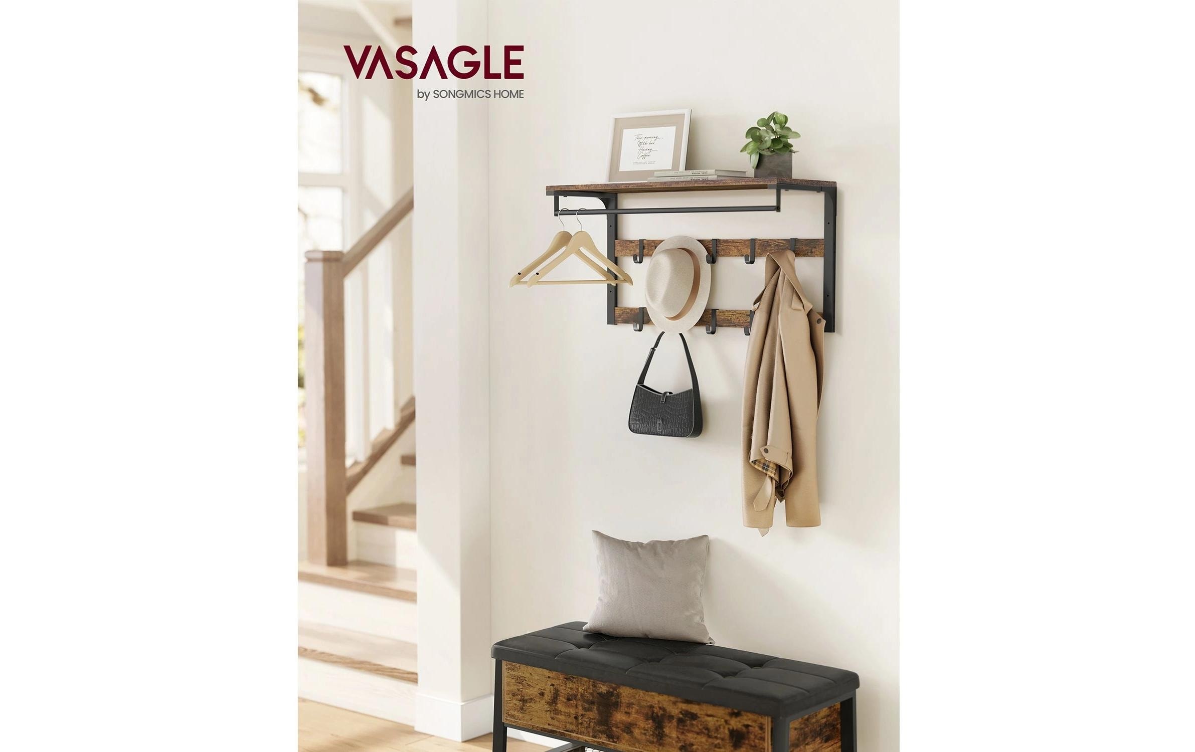 VASAGLE Wandgarderobe »im Industriestil mit Ablage 80 x 30 x 45 cm« Wandregal mit Kleiderstange und 10 Haken