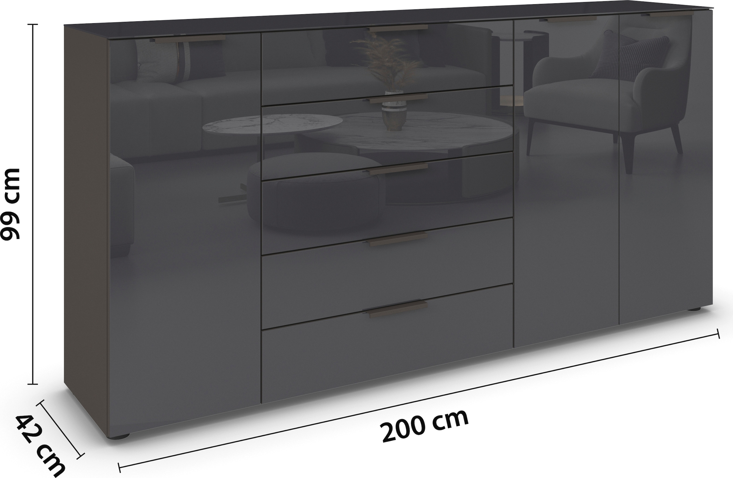 rauch Kombikommode »Kommode Türkommode Sideboard Kombikommode FLIPP mit Glasfront«, (Breite 200 cm mit 4 Einlegeböden), 3-türig, 5 Schubladen, Soft-Close-Funktion, Oberboden und Front Glas