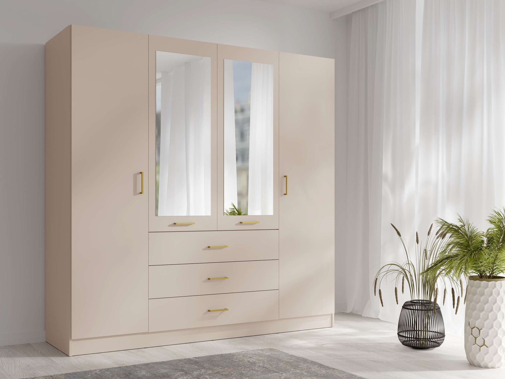 OTTO home Kleiderschrank "KOS Garderobe mit 3 Schubladen, Kleiderstange, 8 Einlegeböden, Spiegel" Kleiderschrank mit 4 Türen, goldenen Griffen, Maße B/H/T 200/200/58 cm