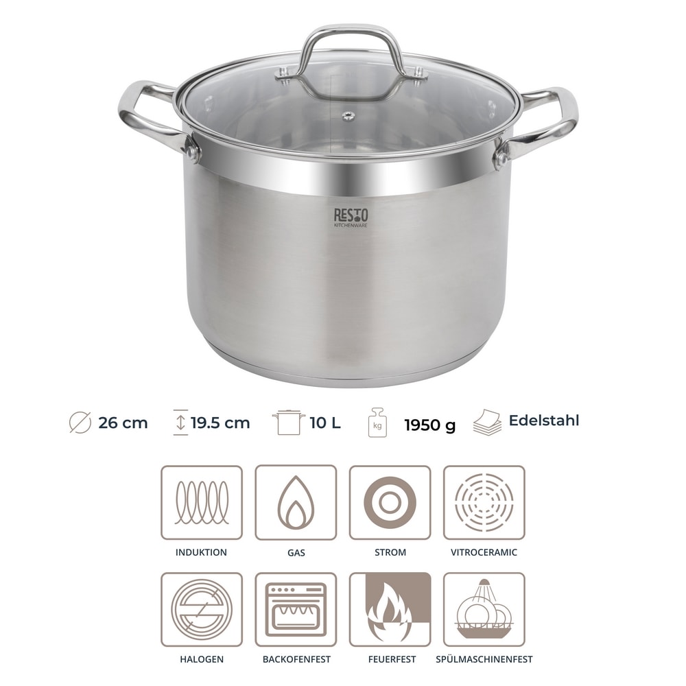 RESTO Kitchenware Kochtopf »Libra, Topf energiesparend und spülmaschinenfest«, Edelstahl 18/10, (2 tlg.), mit hitzebeständigem Glasdeckel und Griffen