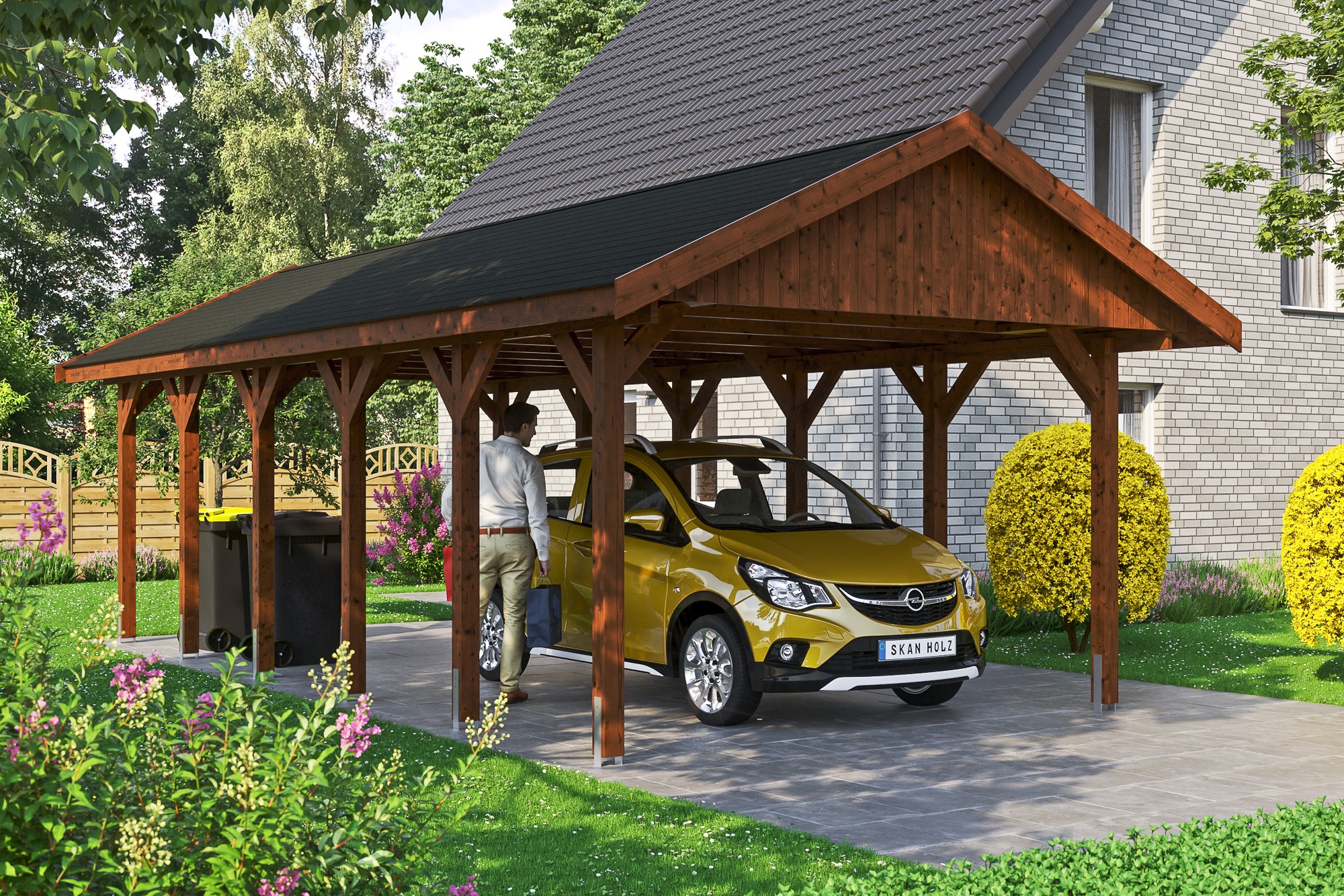 Skanholz Einzelcarport »Wallgau«, Nadelholz, 340 cm, Nussbaum, mit schwarzen Dachschindeln