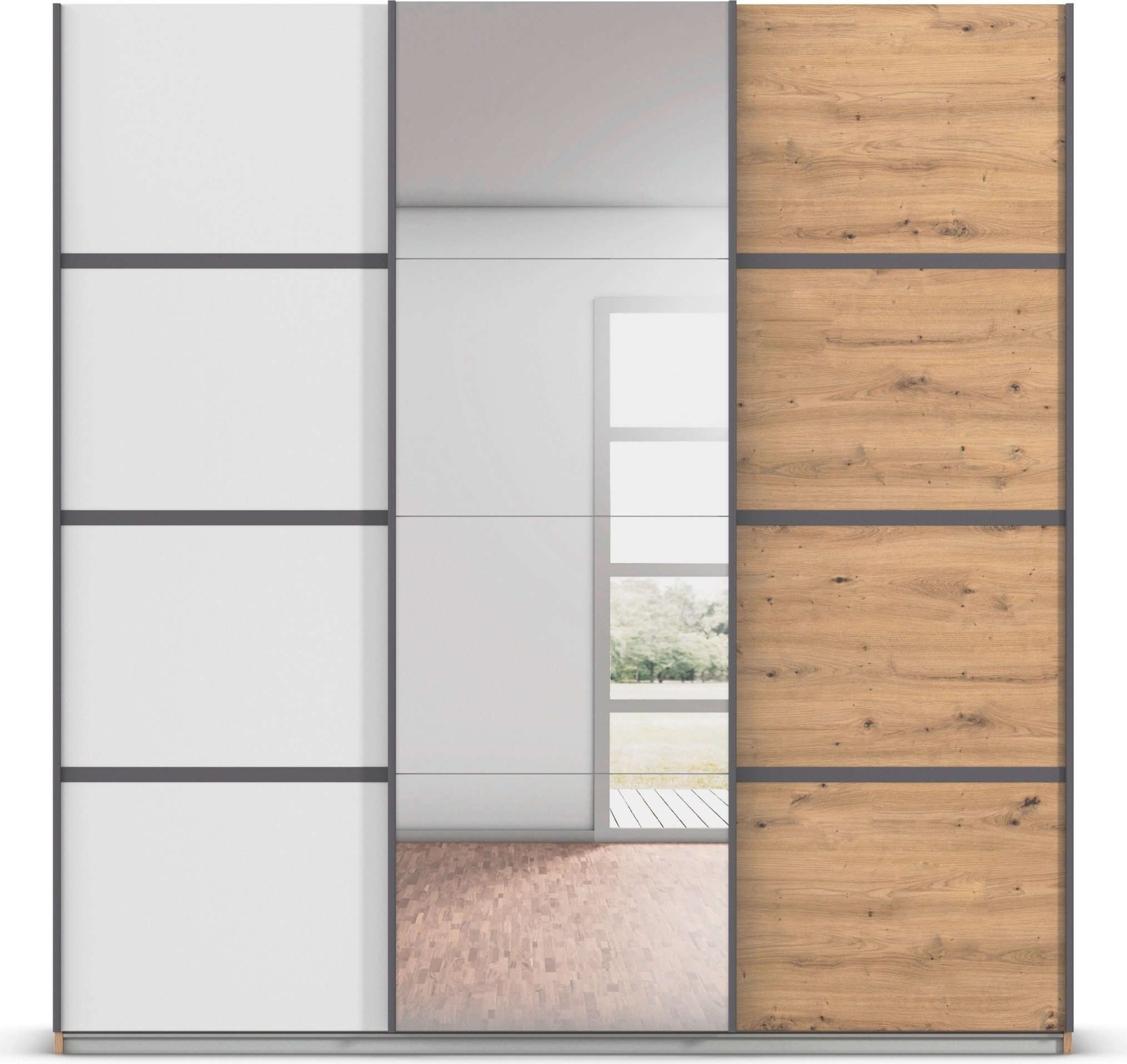 rauch Kleiderschrank »Schwebetürenschrank OTTO´s Choice Garderobe Schrank TOP ANGEBOT Avola«, (in 3 verschiedenen Ausstattungen BASIC/CLASSIC/PREMIUM inkl. Spiegel), mit eleganten Zierleisten in Chrom, Schwarz oder Weiß MADE IN GERMANY