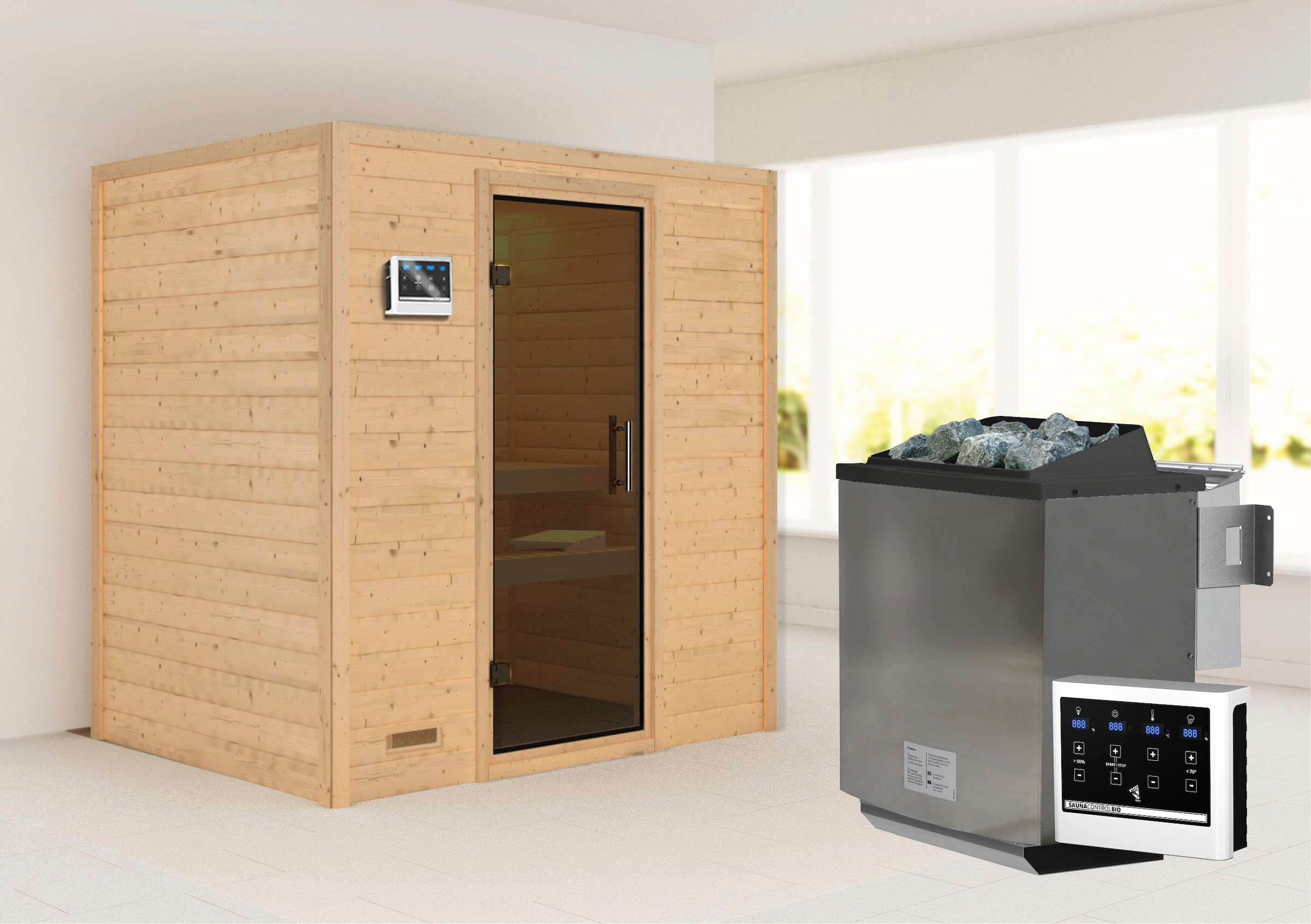 Karibu Sauna ""Sonja" mit graphitfarbener Tür Ofen 9 kW Bio externe Strg modern"