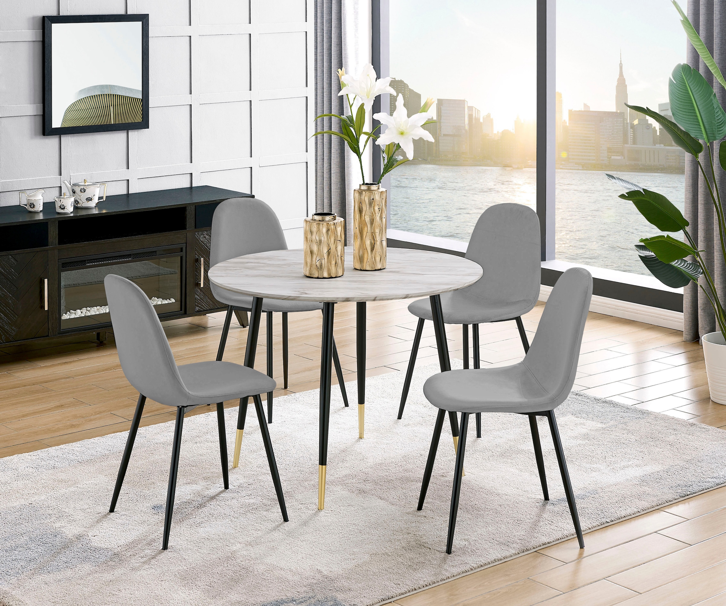 Leonique Essgruppe »Eadwine, TOPSELLER! Sitzgruppe Esstisch plus 4 Esszimmerstühle«, (Set, 5 tlg., Esstisch plus 4 Esszimmerstühle), Esstisch plus 4 Stühle in verschiedenen Farben