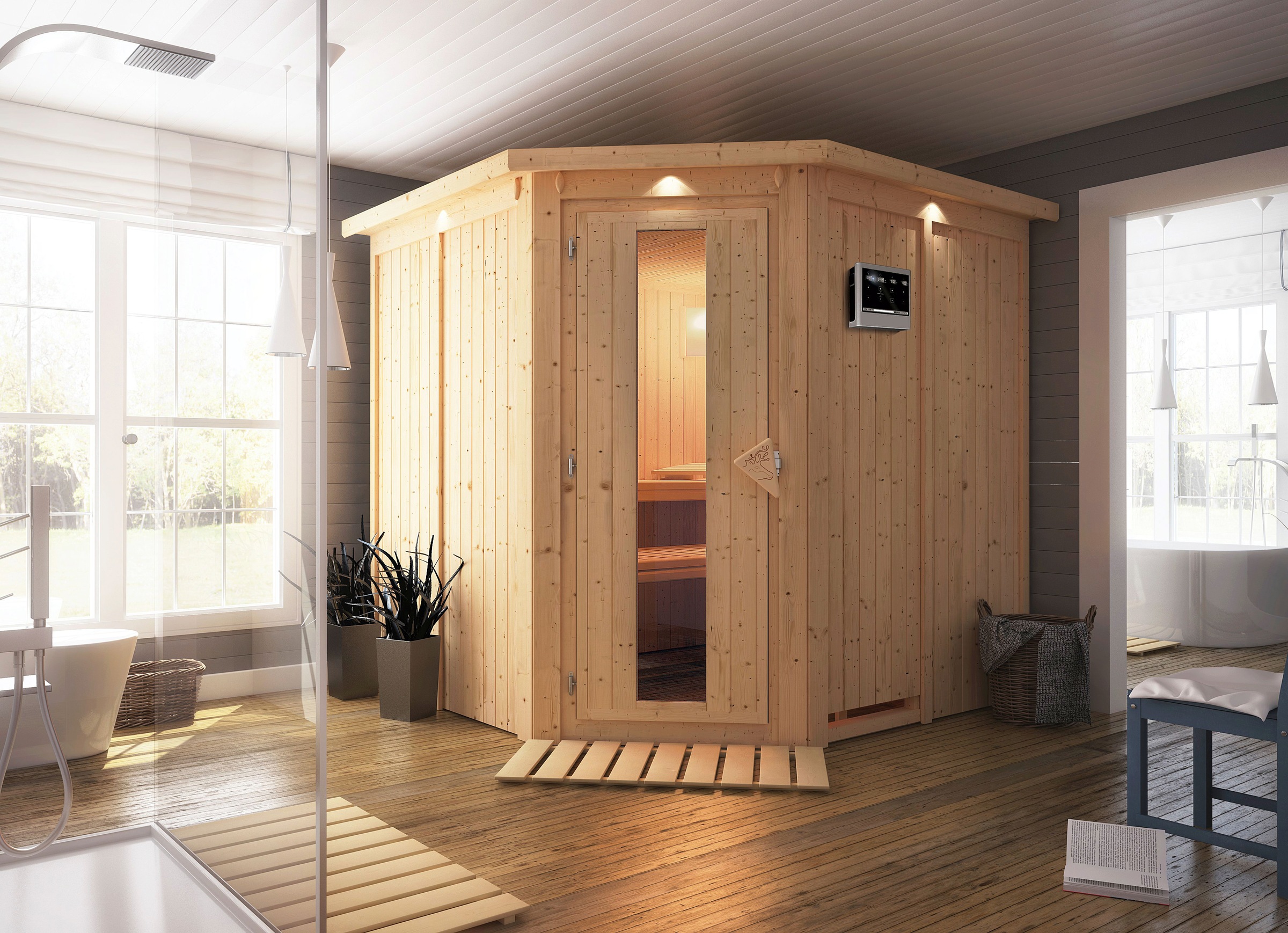 Karibu Sauna »Jarin«, 9-kW-Ofen mit externer Steuerung