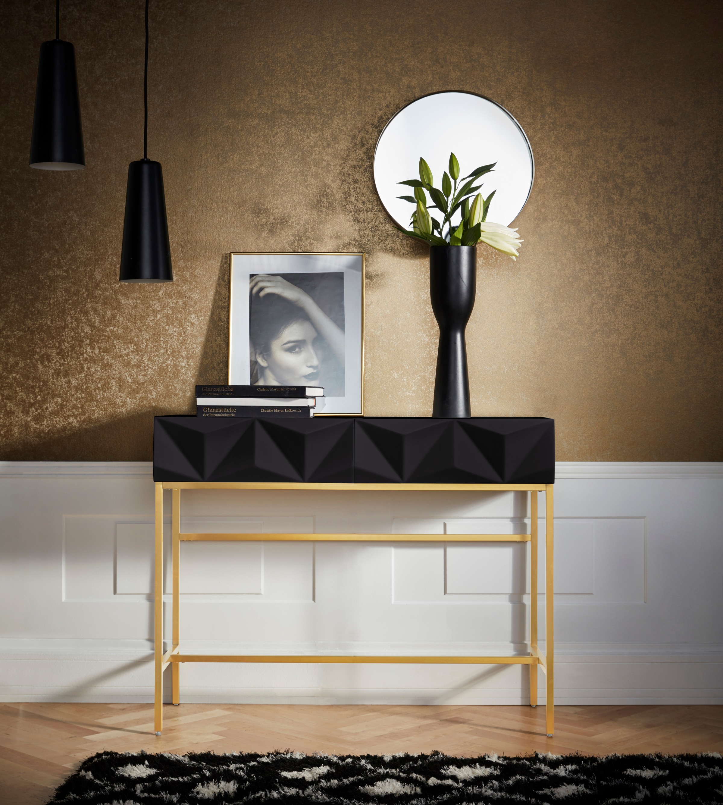 Leonique Sideboard »Minfi«, in 3D-Optik, Konsolentisch mit goldfarbenem Metallgestell